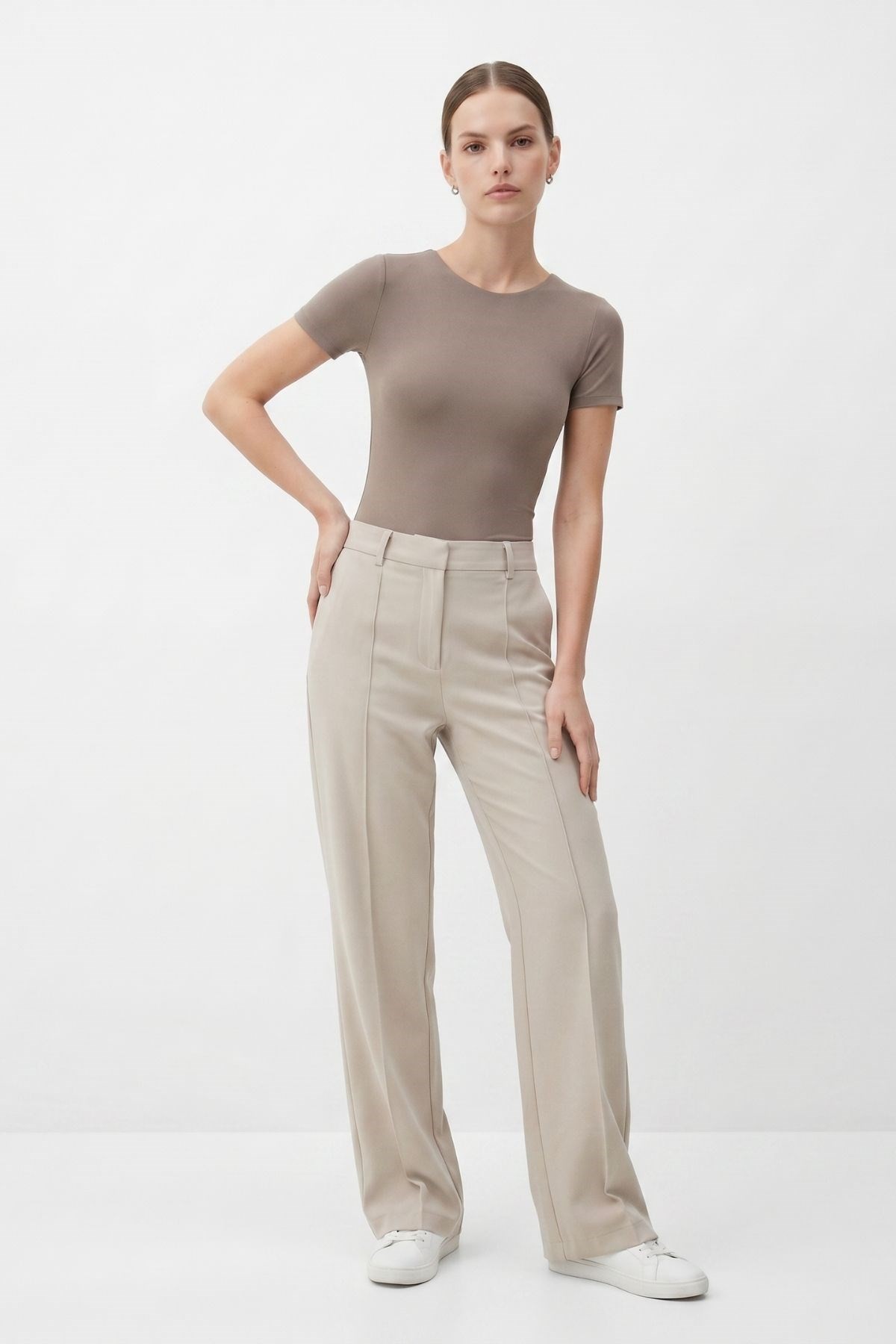 Kadın Pantolon-Çıma Detaylı Geniş Pantolon 8598A Bej -rulem