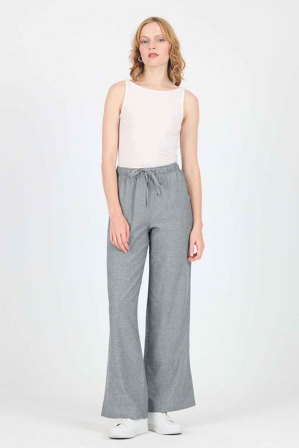 Kadın Pantolon-Gri Pamuklu Bel Lastikli Wide Leg/Bol Paça Pantolon 4754A-rulem