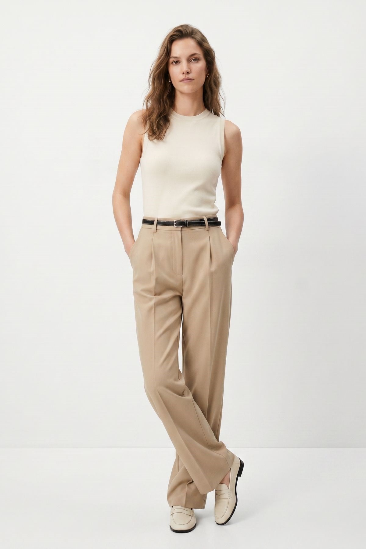 Kadın Pantolon-Ön Pileli Kemerli Pantolon 8399A Camel -rulem