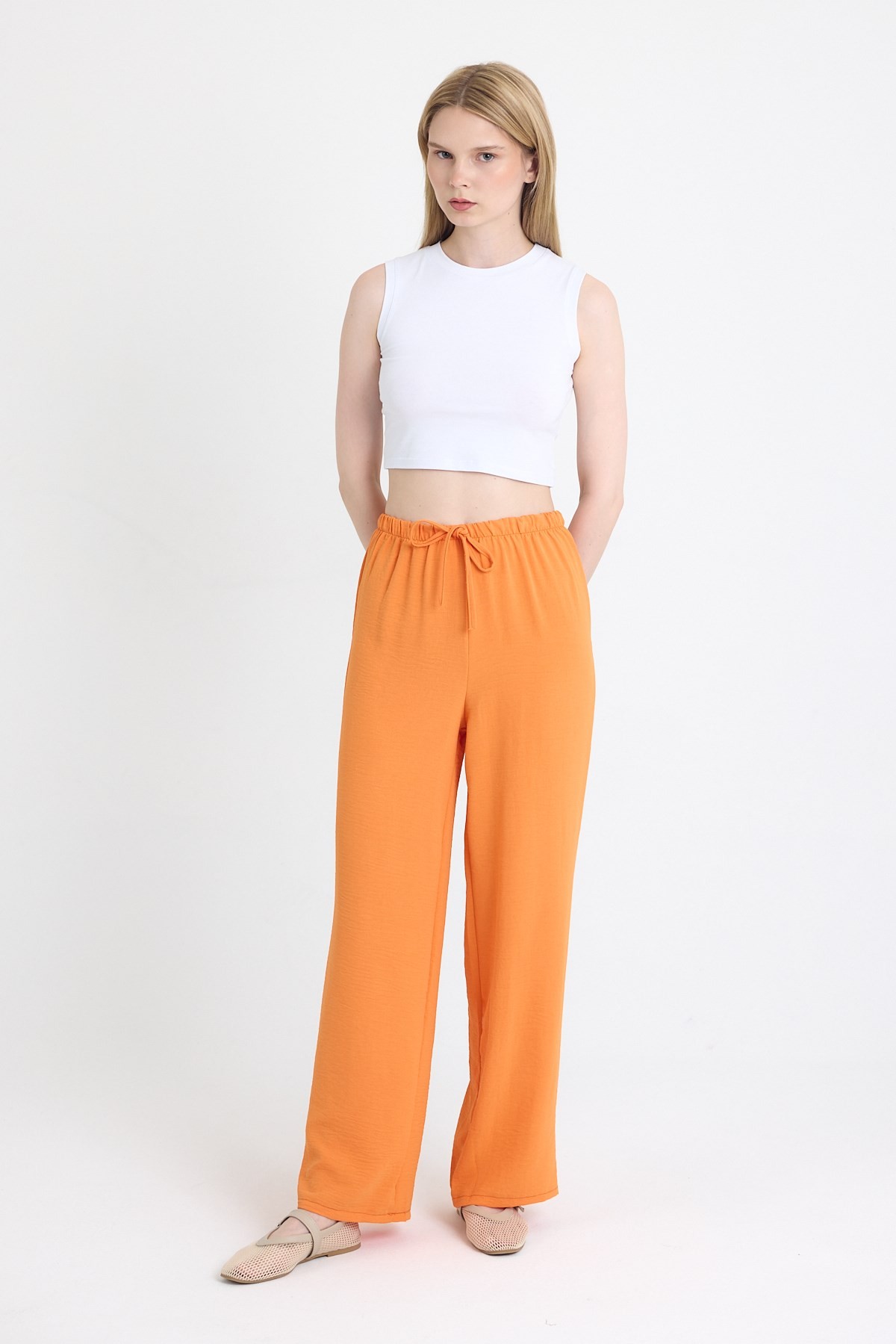 Kadın Pantolon-Orange Beli Lastikli Bol Paça Dokuma Pantolon 4284-1-rulem