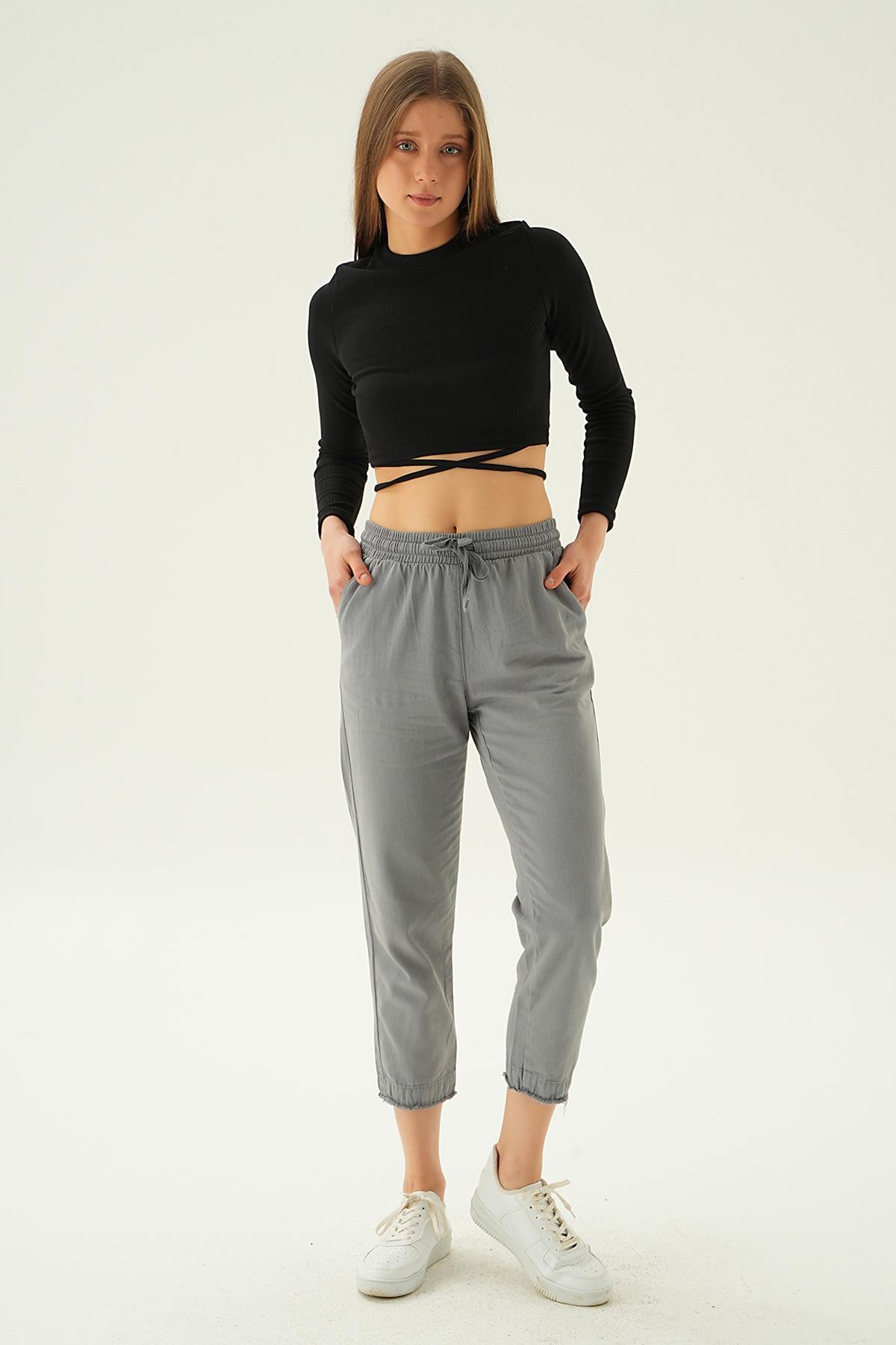 Kadın Pantolon-Paça Püskül Pantolon 4228 Gri -rulem