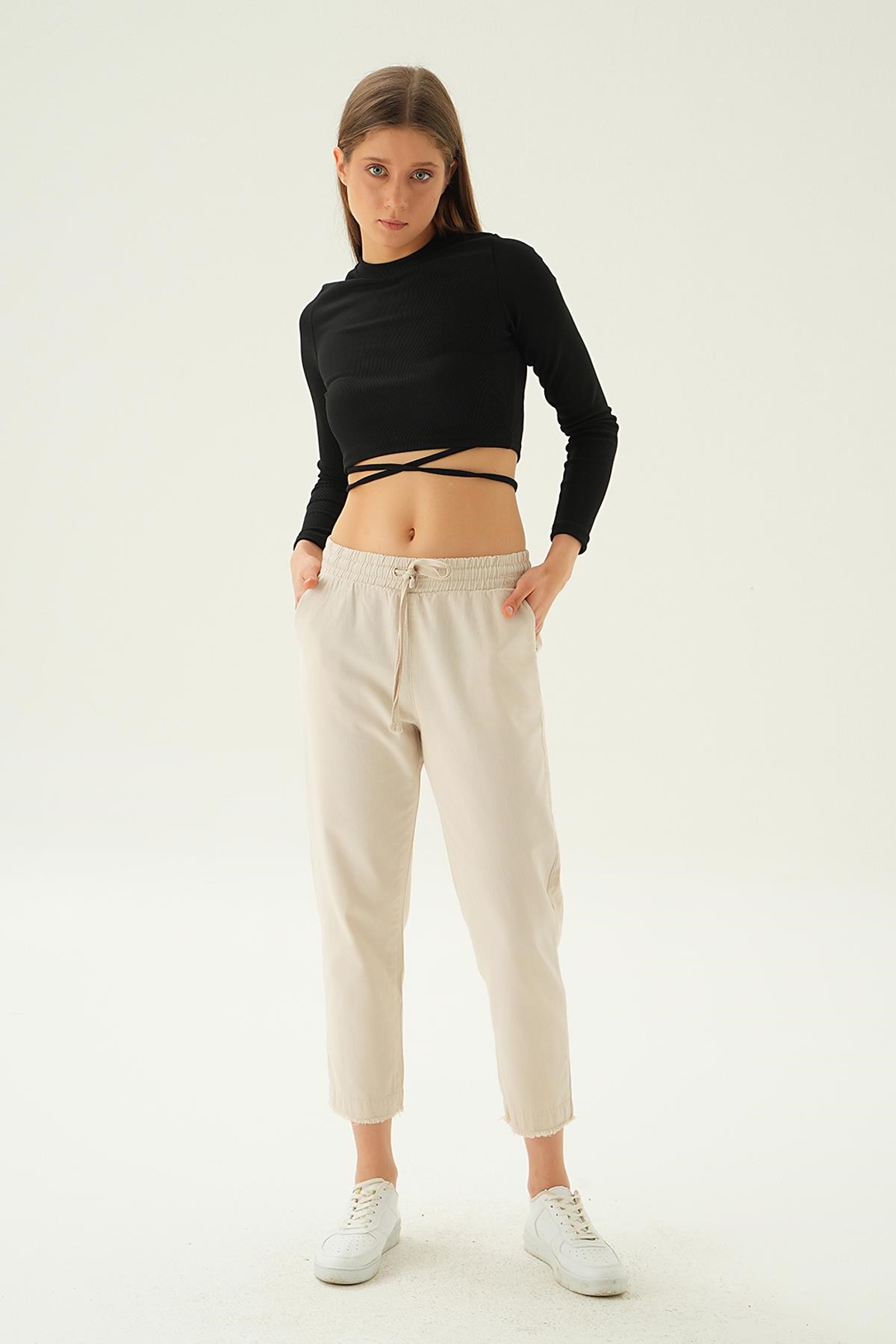 Kadın Pantolon-Paça Püskül Pantolon 4228 Taş -rulem