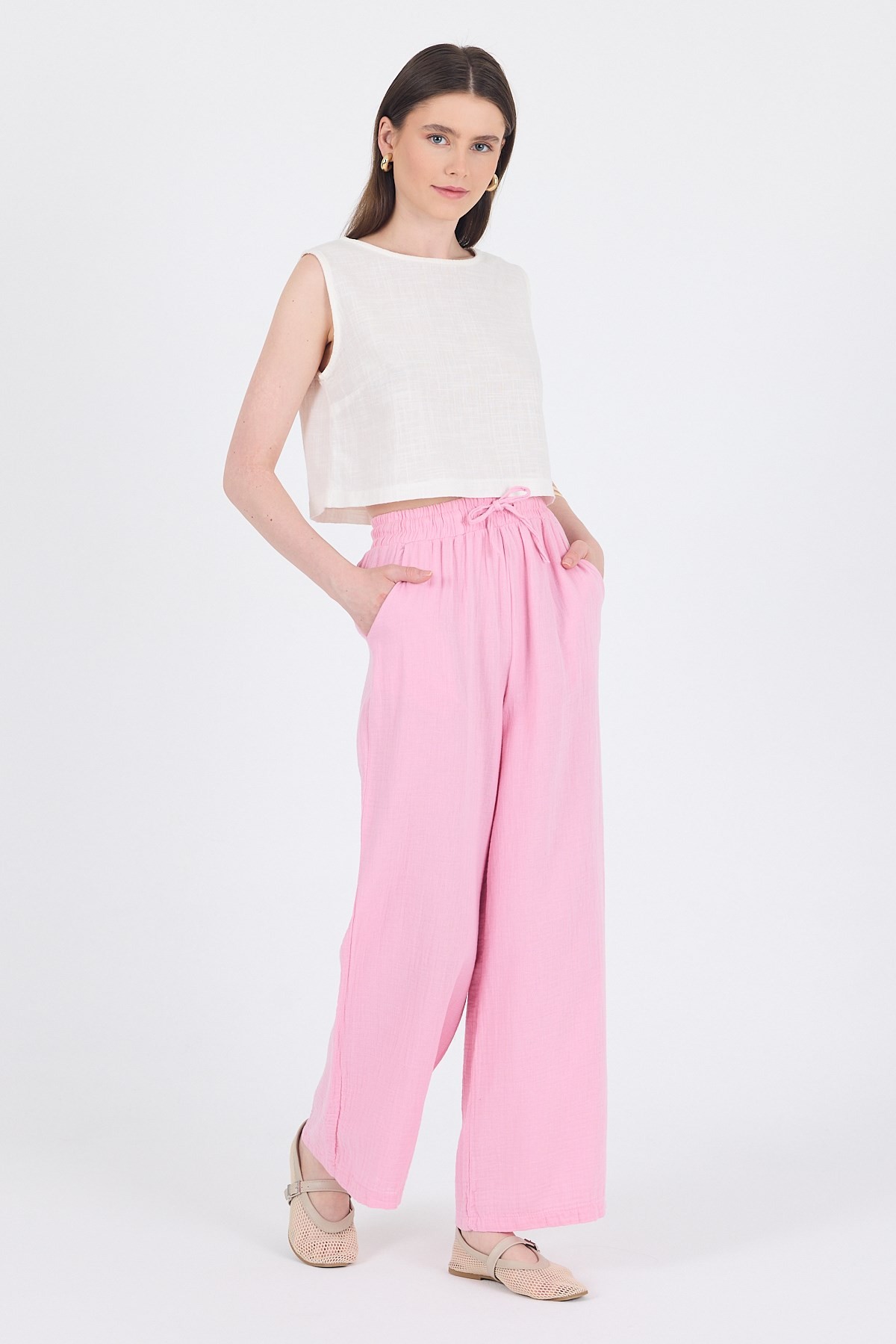 Kadın Pantolon-Pembe  %100 Pamuk Müslin Palazzo/Bol Paça Pantolon 8056A-rulem