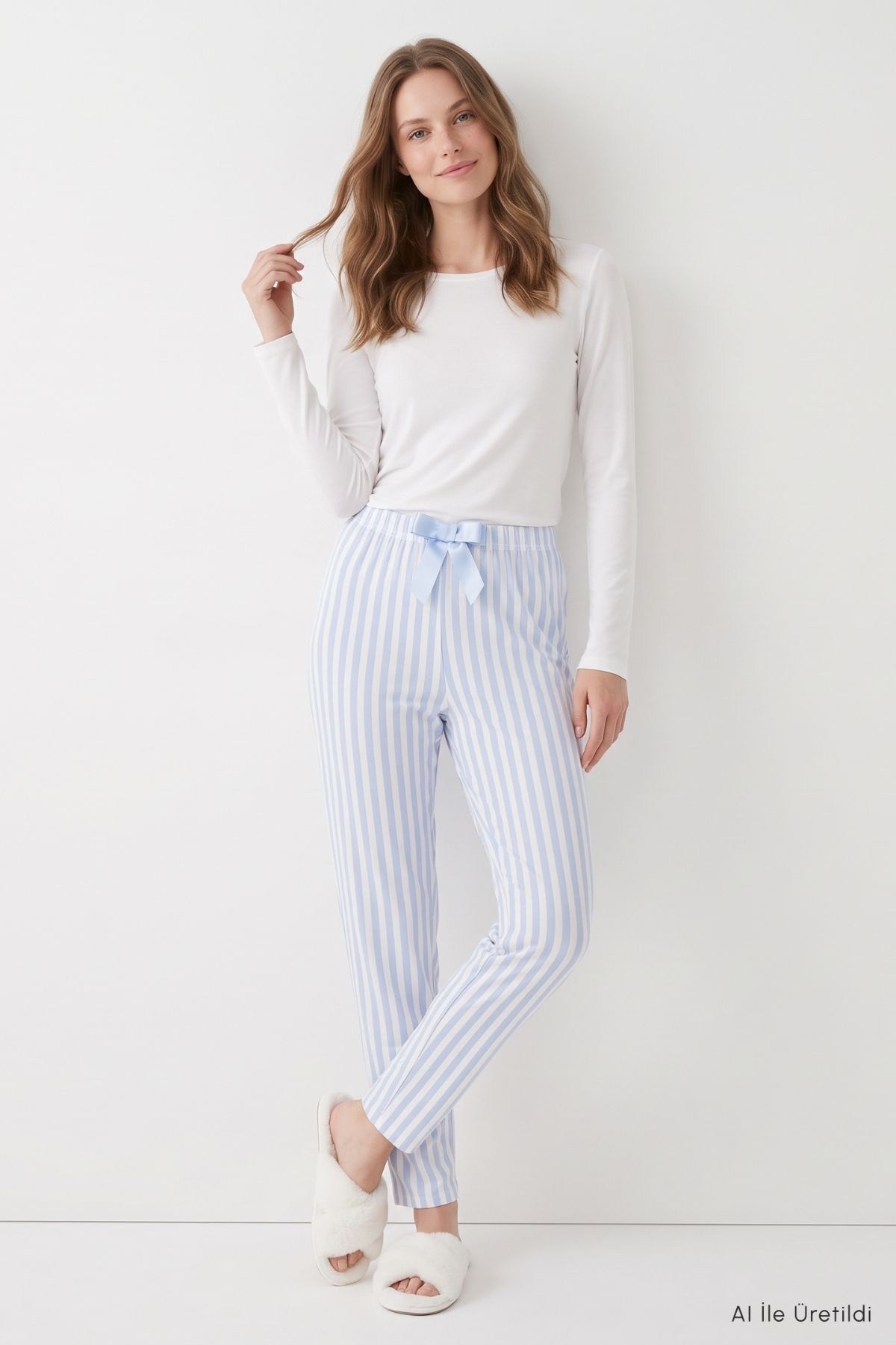 Kadın Pijama Alt-Çizgili Pijama 4523 Mavi -rulem