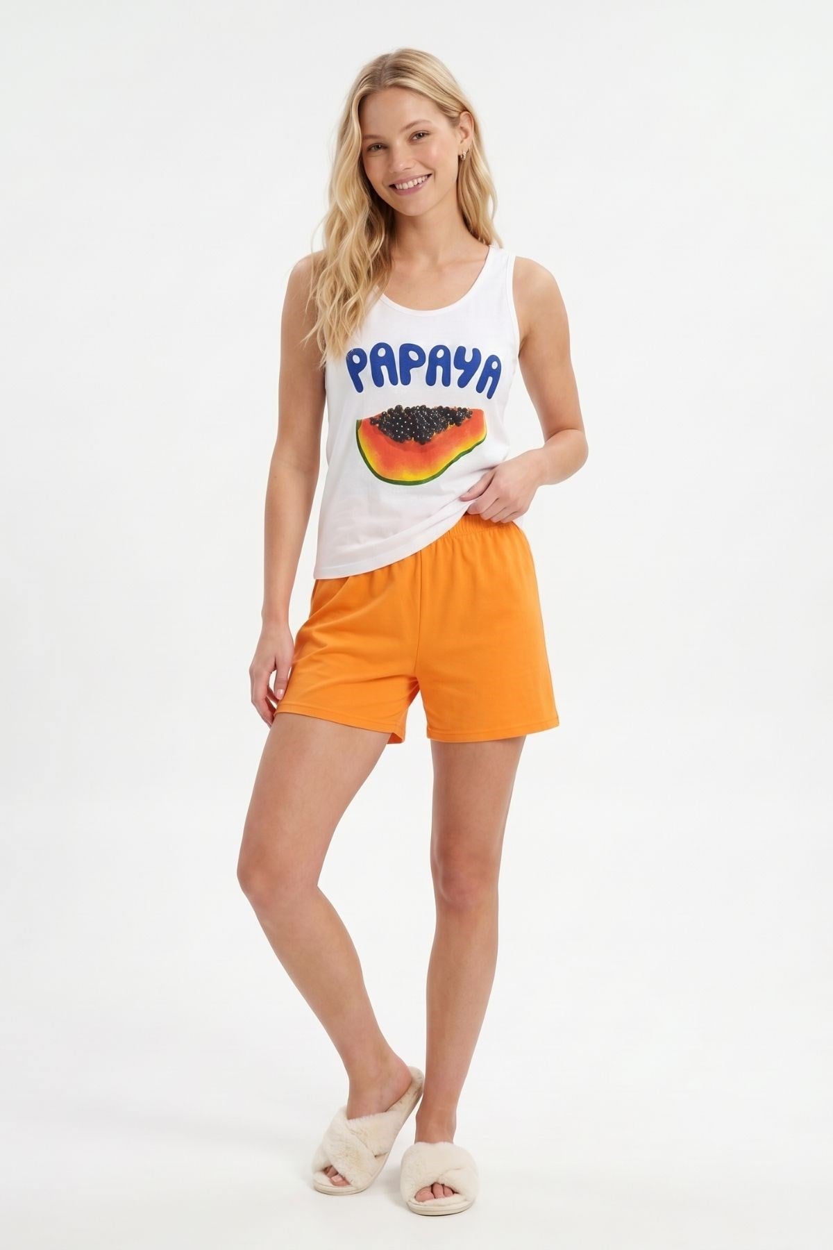 Kadın Pijama Takımı-Şortlu Pijama Takımı Papaya Desenli 0417 Orange -rulem