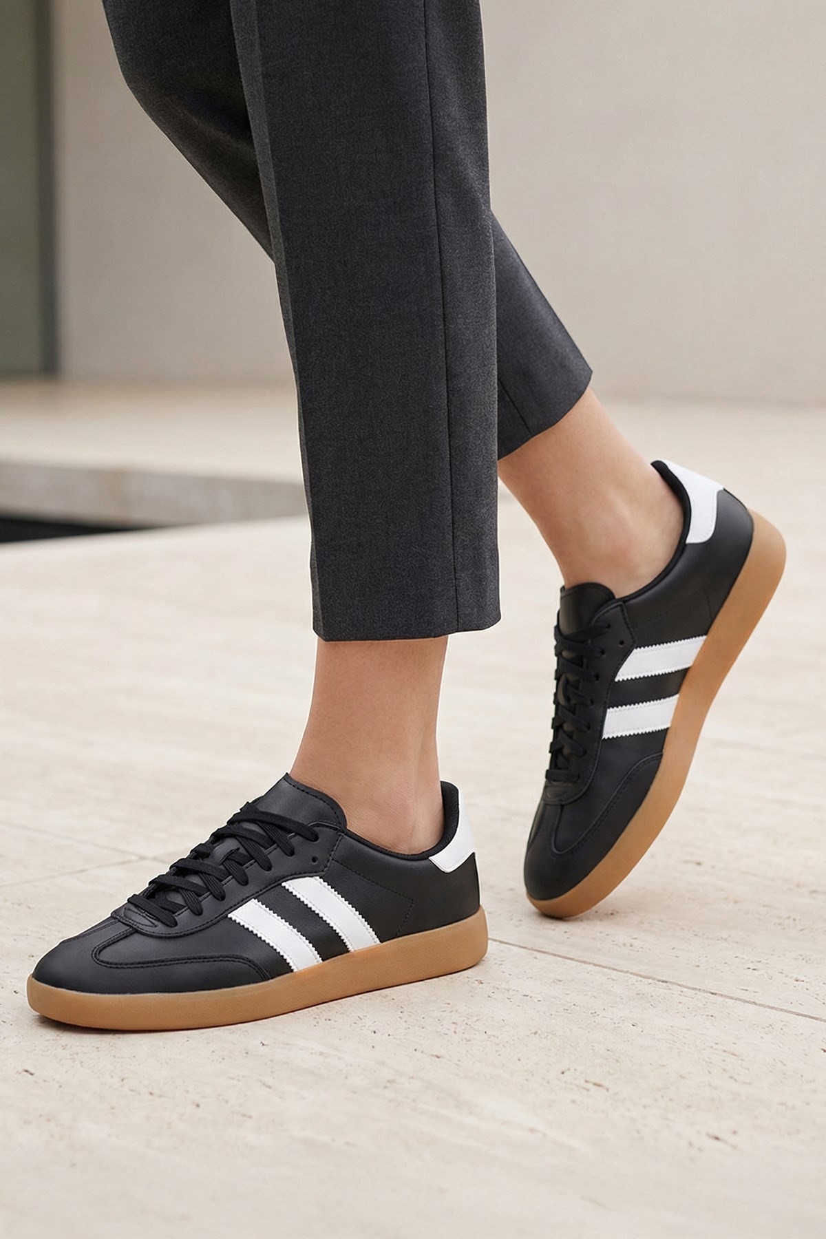 Kadın Spor Ayakkabı-Sneaker-Çizgili Günlük Ayakkabı 958 Siyah -rulem