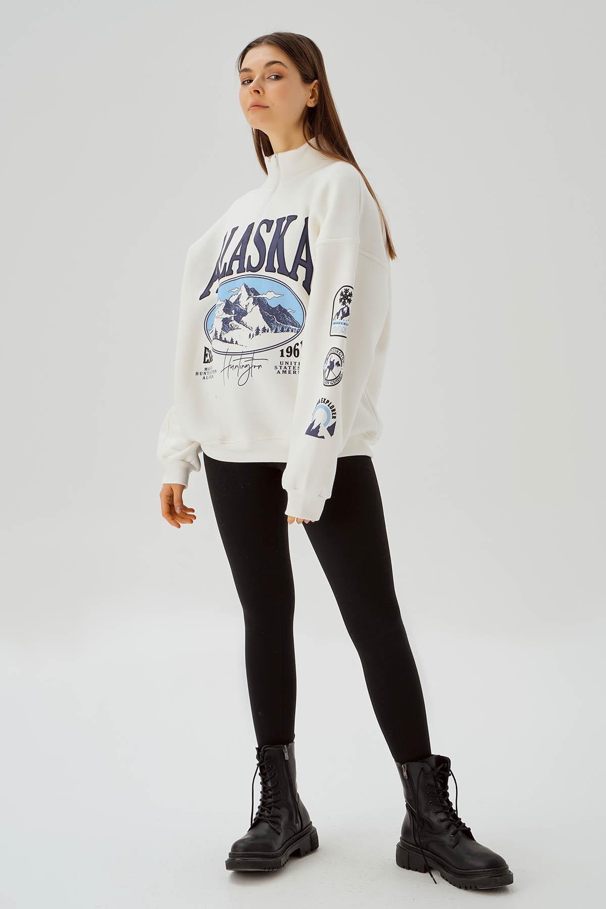 Kadın Sweatshirt-Alaska Baskı Sweat 3610 Ekru -rulem