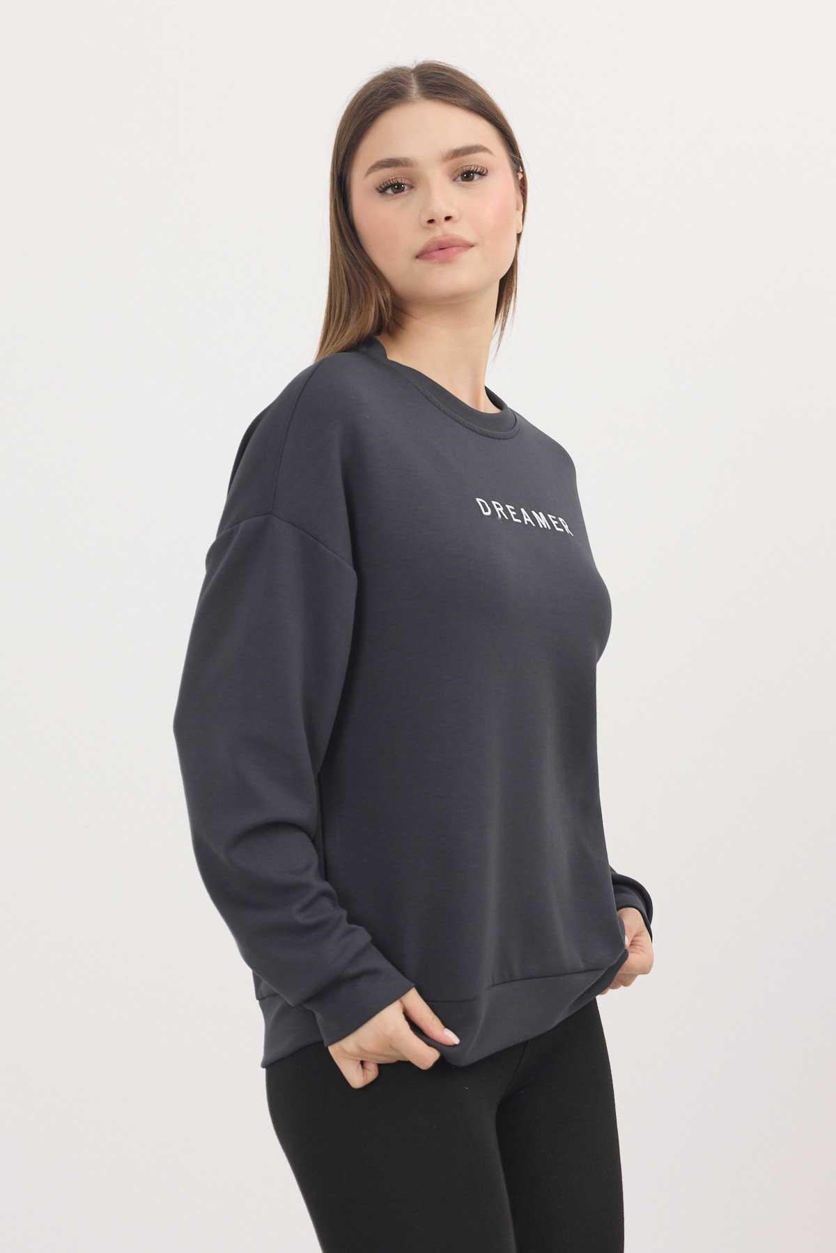 Kadın Sweatshirt-Antrasit Dreamer Nakış Detay Oysho Sweat 4004-rulem