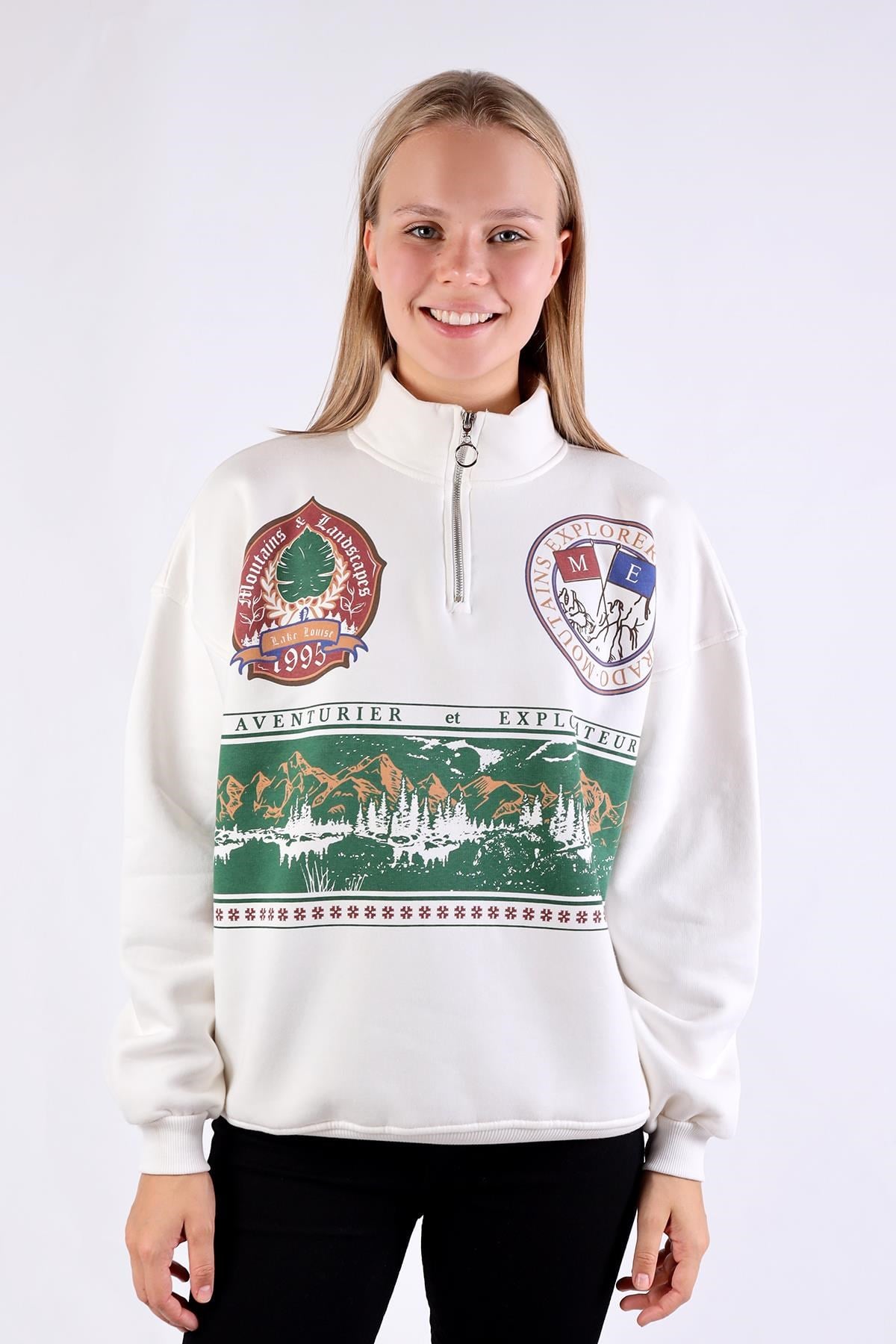 Kadın Sweatshirt-Baskılı Fermuarlı Sweat 1118 Ekru -rulem
