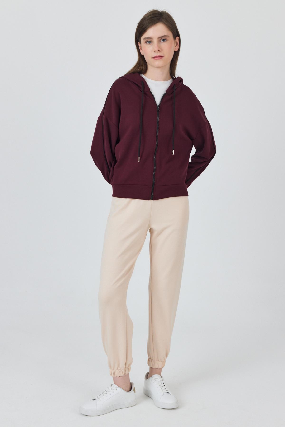 Kadın Sweatshirt-Bordo Fermuarlı Kapüşonlu Şerit Detaylı Sweatshirt 3045-rulem