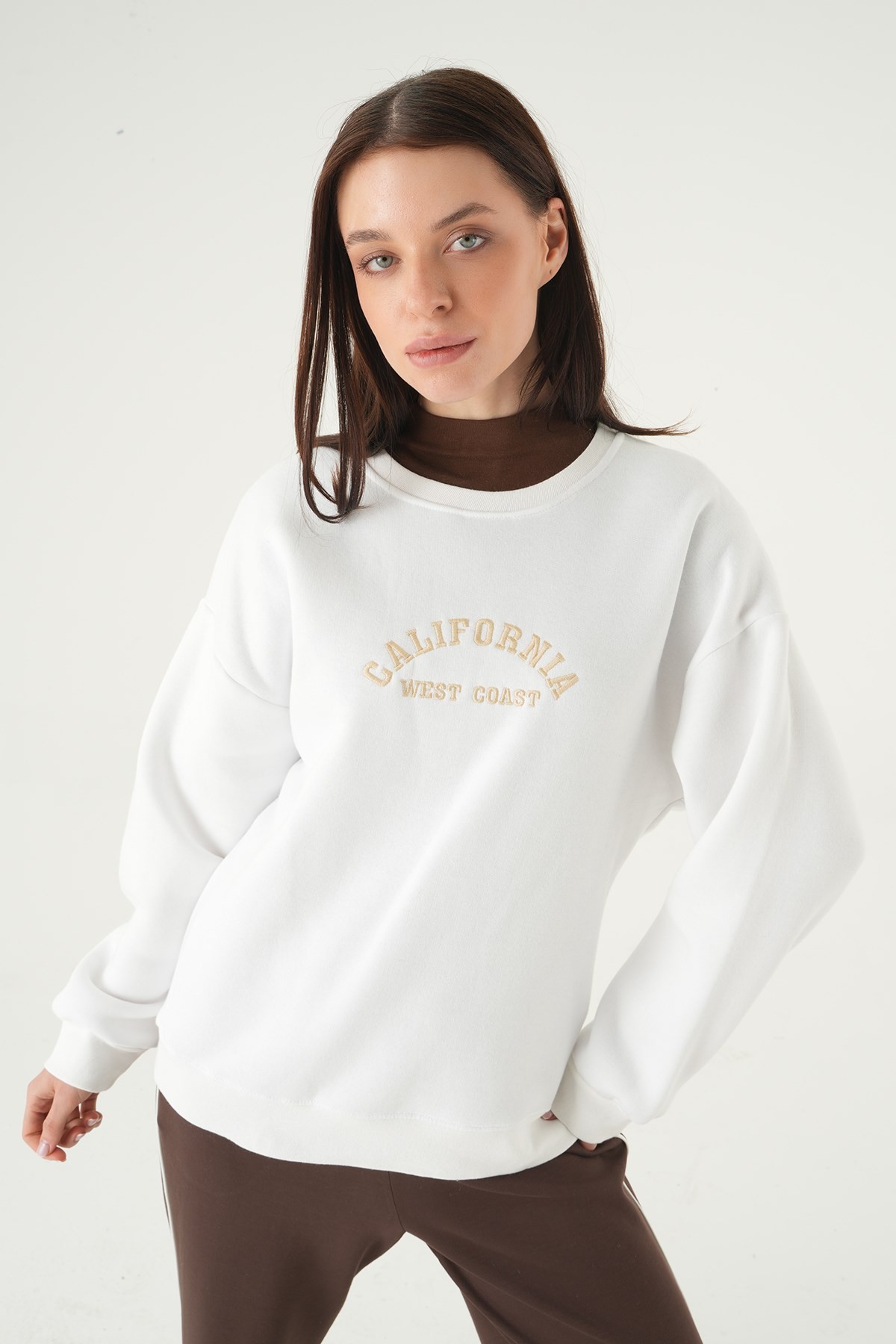 Kadın Sweatshirt-California Baskılı Sweat 1403 Ekru -rulem