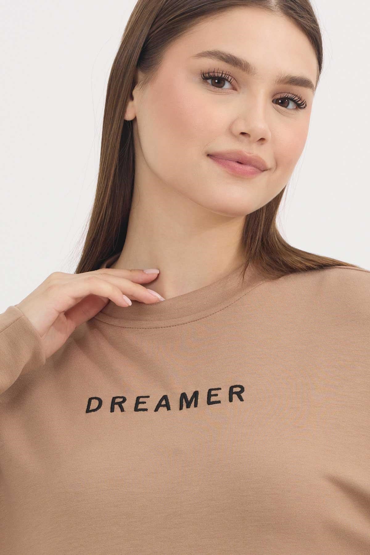 Kadın Sweatshirt-Camel Dreamer Nakış Detay Oysho Sweat 4004-rulem