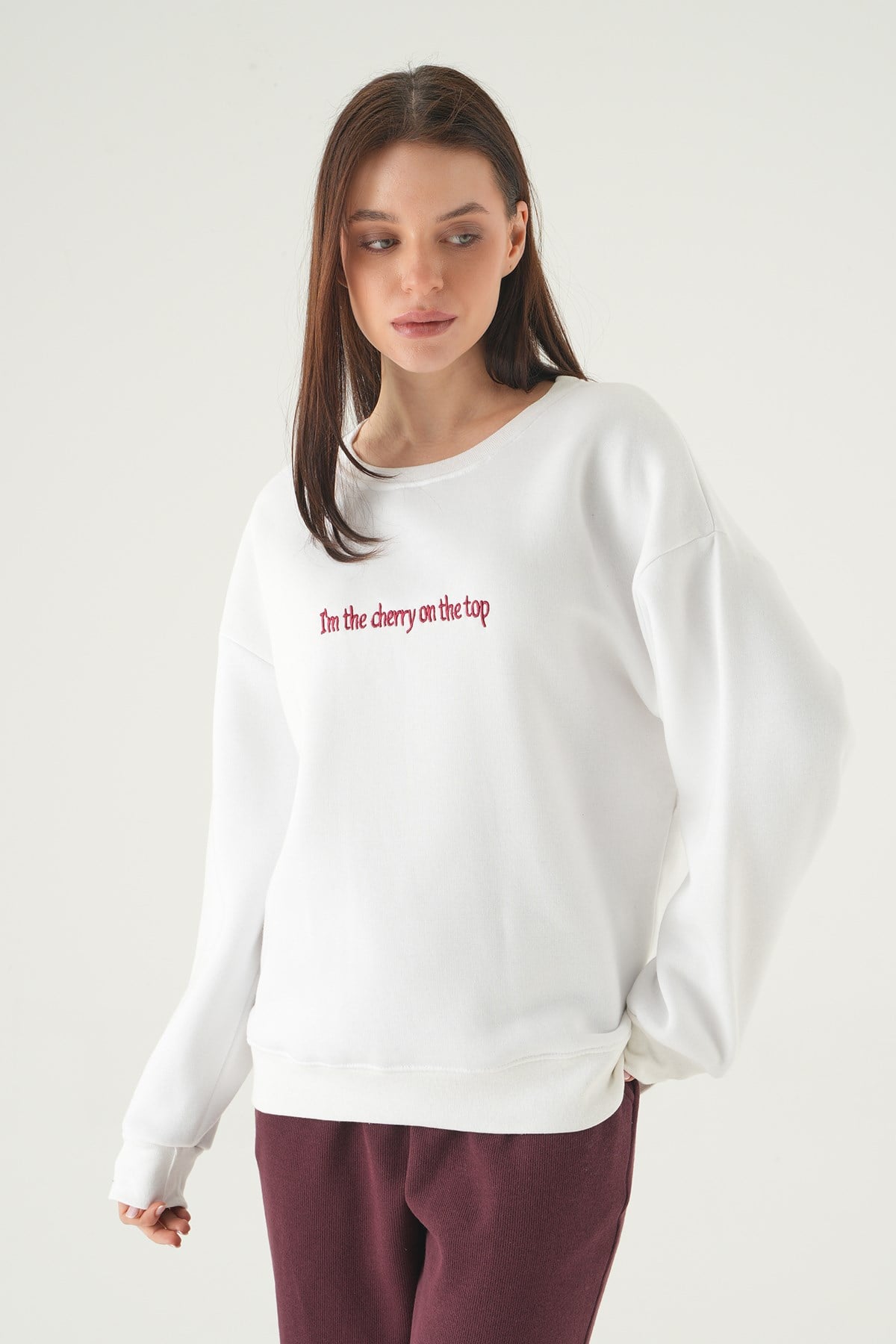 Kadın Sweatshirt-Cherry On Top Baskılı Sweat 1041 Krem -rulem