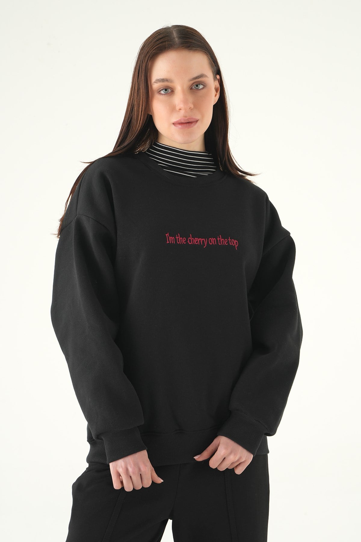 Kadın Sweatshirt-Cherry On Top Baskılı Sweat 1041 Siyah -rulem