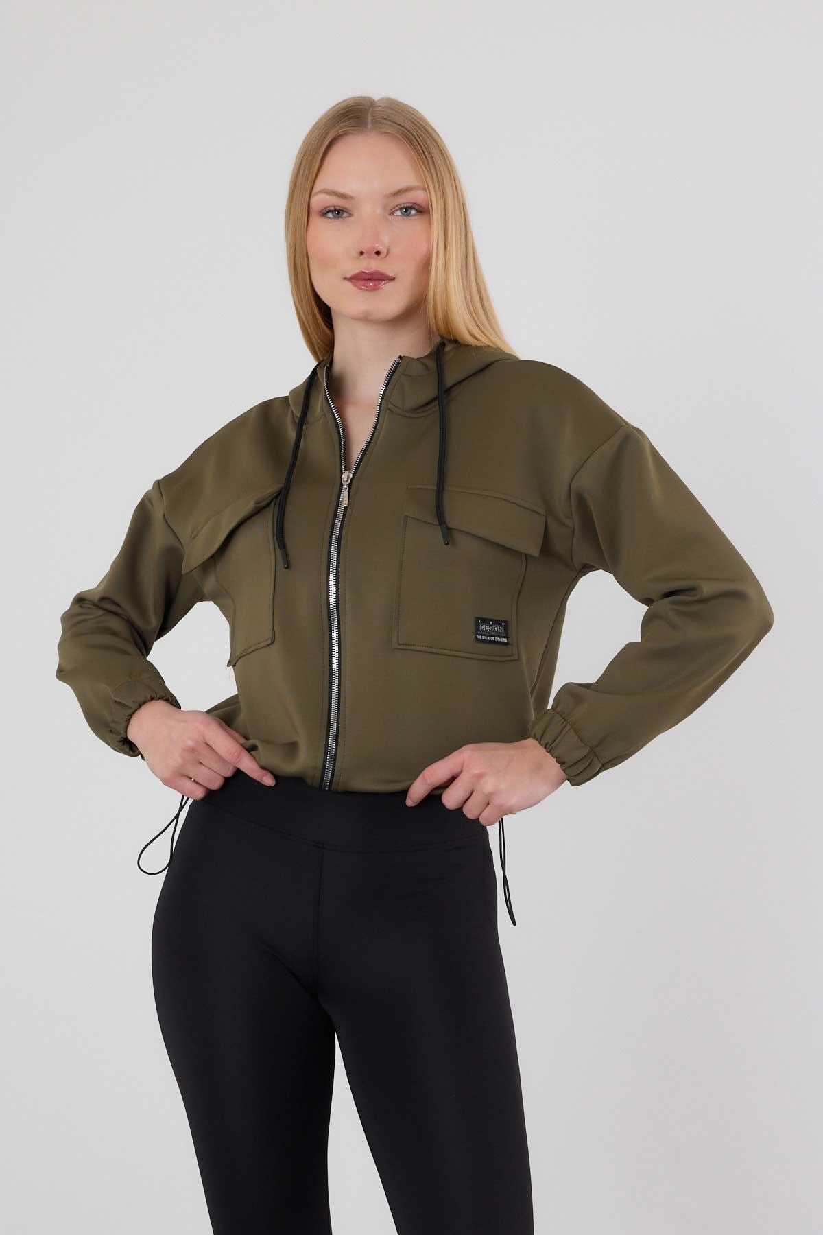 Kadın Sweatshirt-Dalgıç Detay Cepli Sweat 9159M Haki -rulem