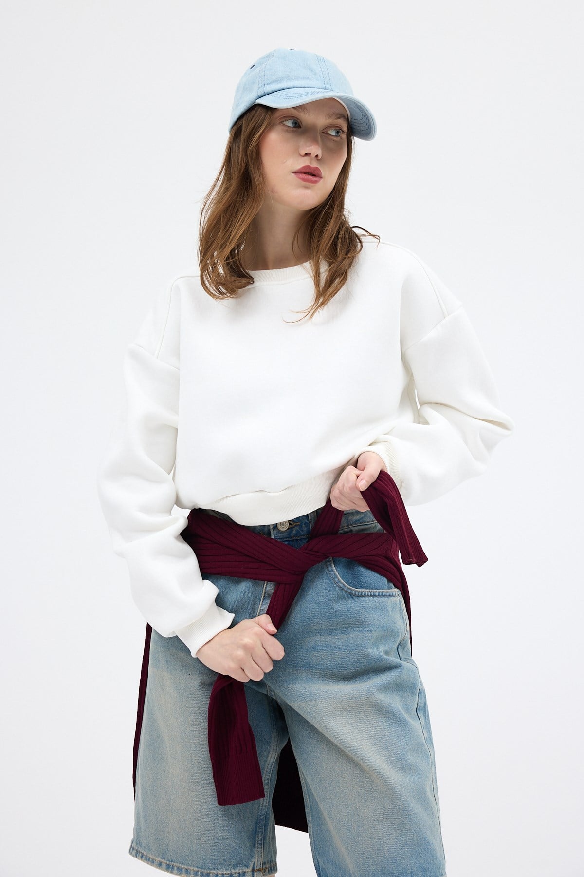 Kadın Sweatshirt-Ekru Kadın Crop Bisiklet Yaka Sweatshirt 9210M-rulem