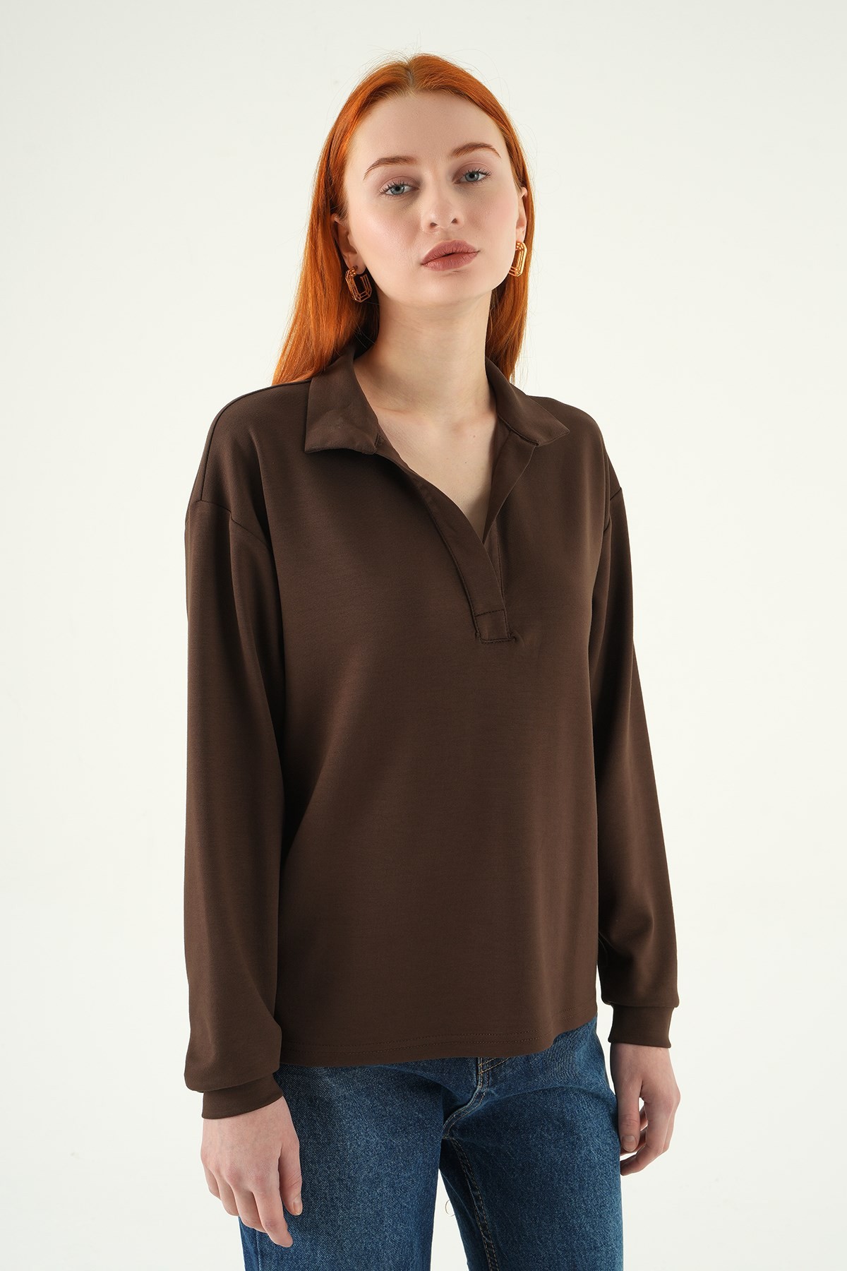 Kadın Sweatshirt-Gömlek Yaka Sweat 8275A Kahve -rulem