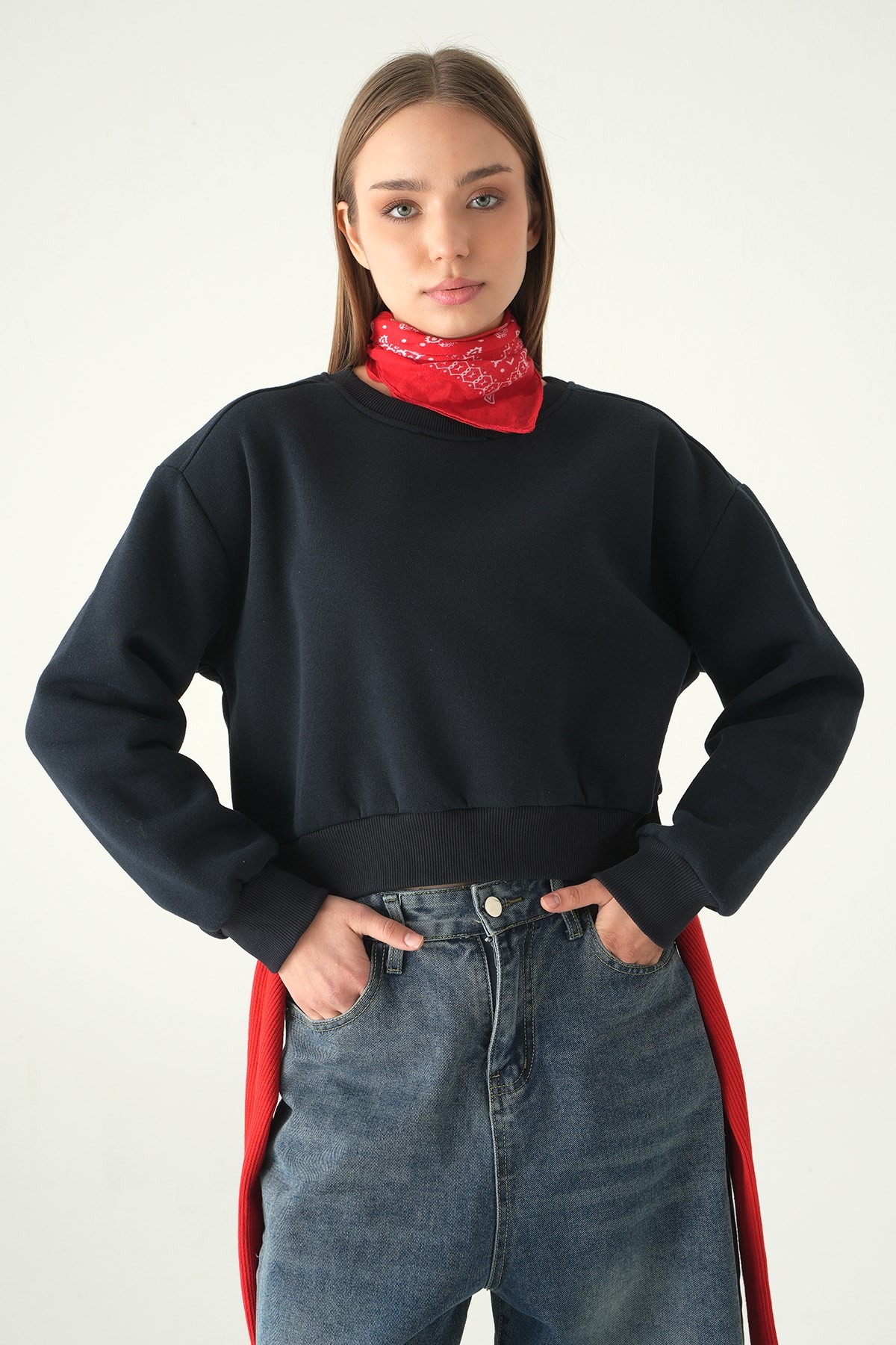 Kadın Sweatshirt-Kadın Pamuklu İçi Polarlı Oversize Yuvarlak Yakalı Laci Sweatshirt 9152M-rulem