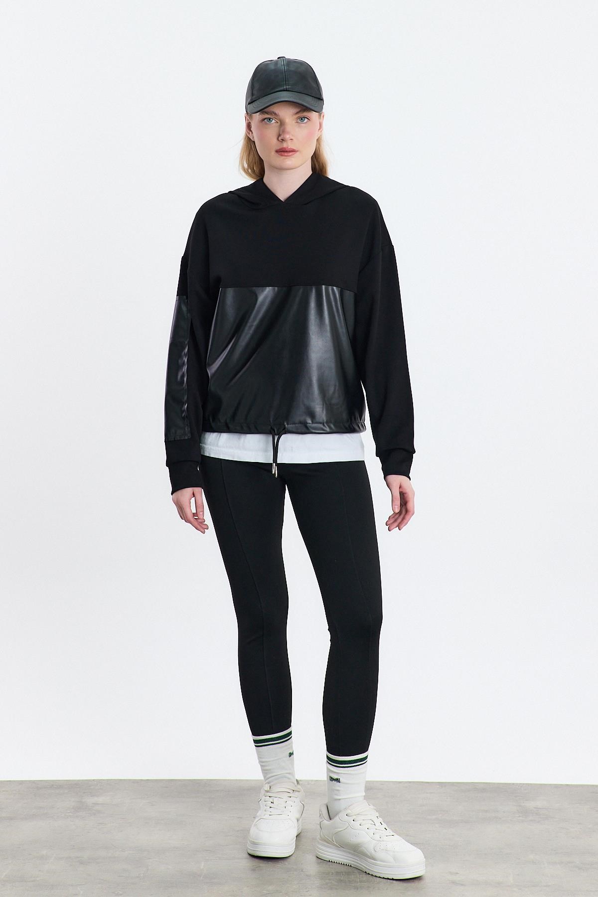 Kadın Sweatshirt-Kapüşonlu Deri Detay Oysho Sweat 3012 Siyah -rulem