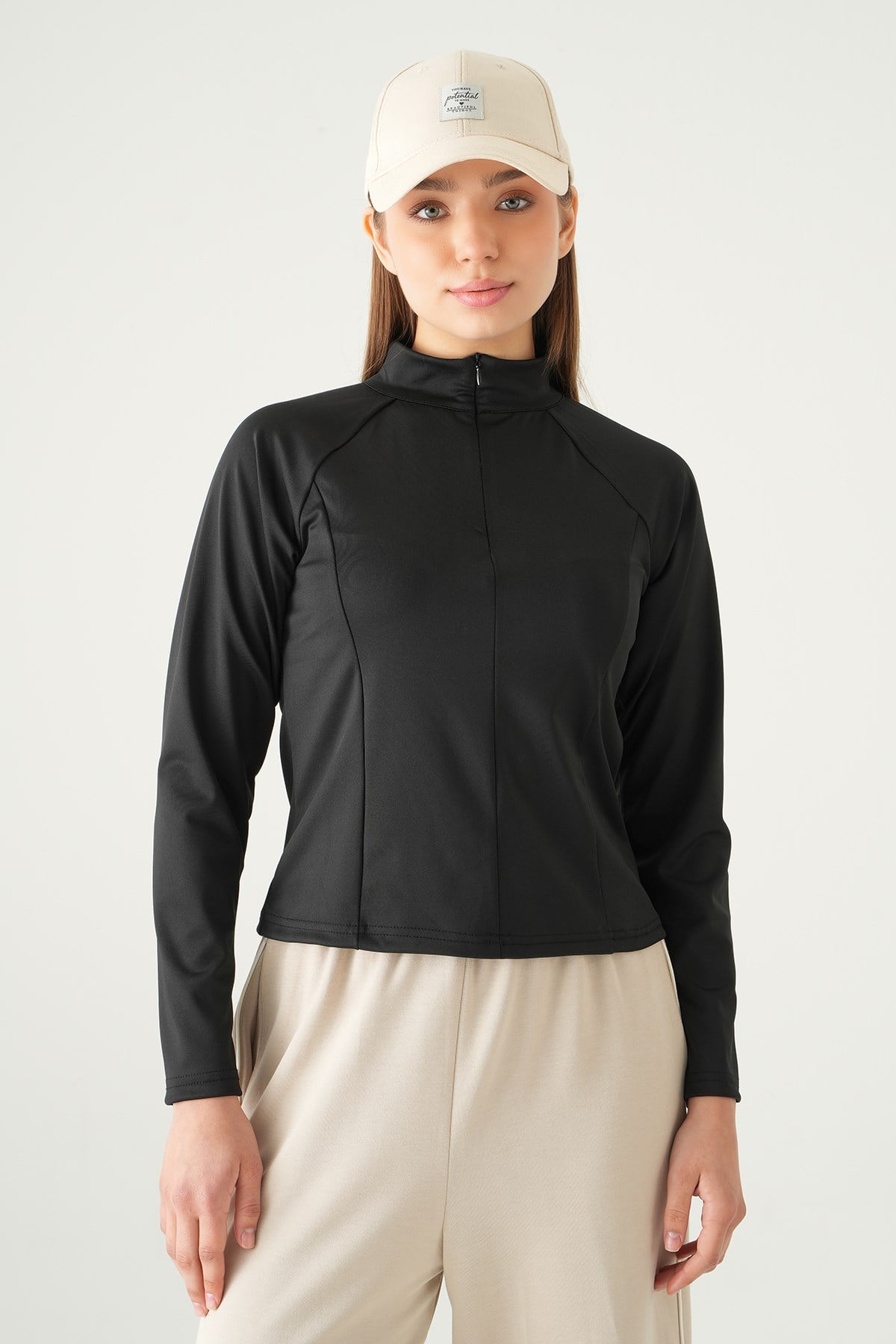 Kadın Sweatshirt-Ön Fermuarlı Uzun Kol Sweat 8334A Siyah -rulem