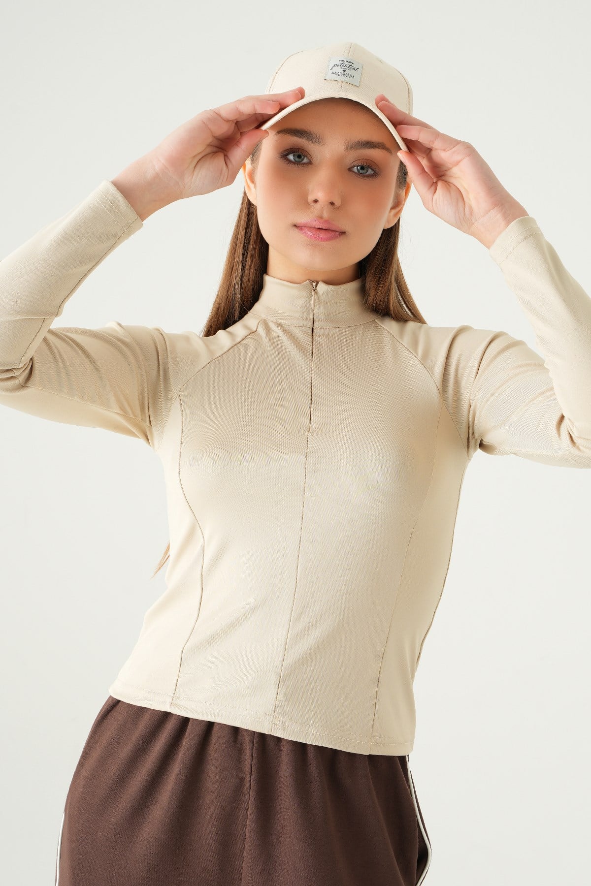 Kadın Sweatshirt-Ön Fermuarlı Uzun Kol Sweat 8334A Bej -rulem