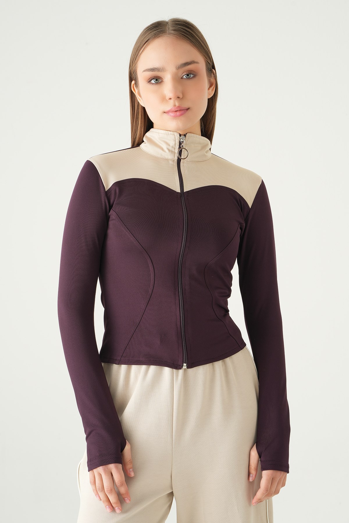 Kadın Sweatshirt-Ön Şeritli Fermuarlı Sweat 8325A Mürdüm -rulem