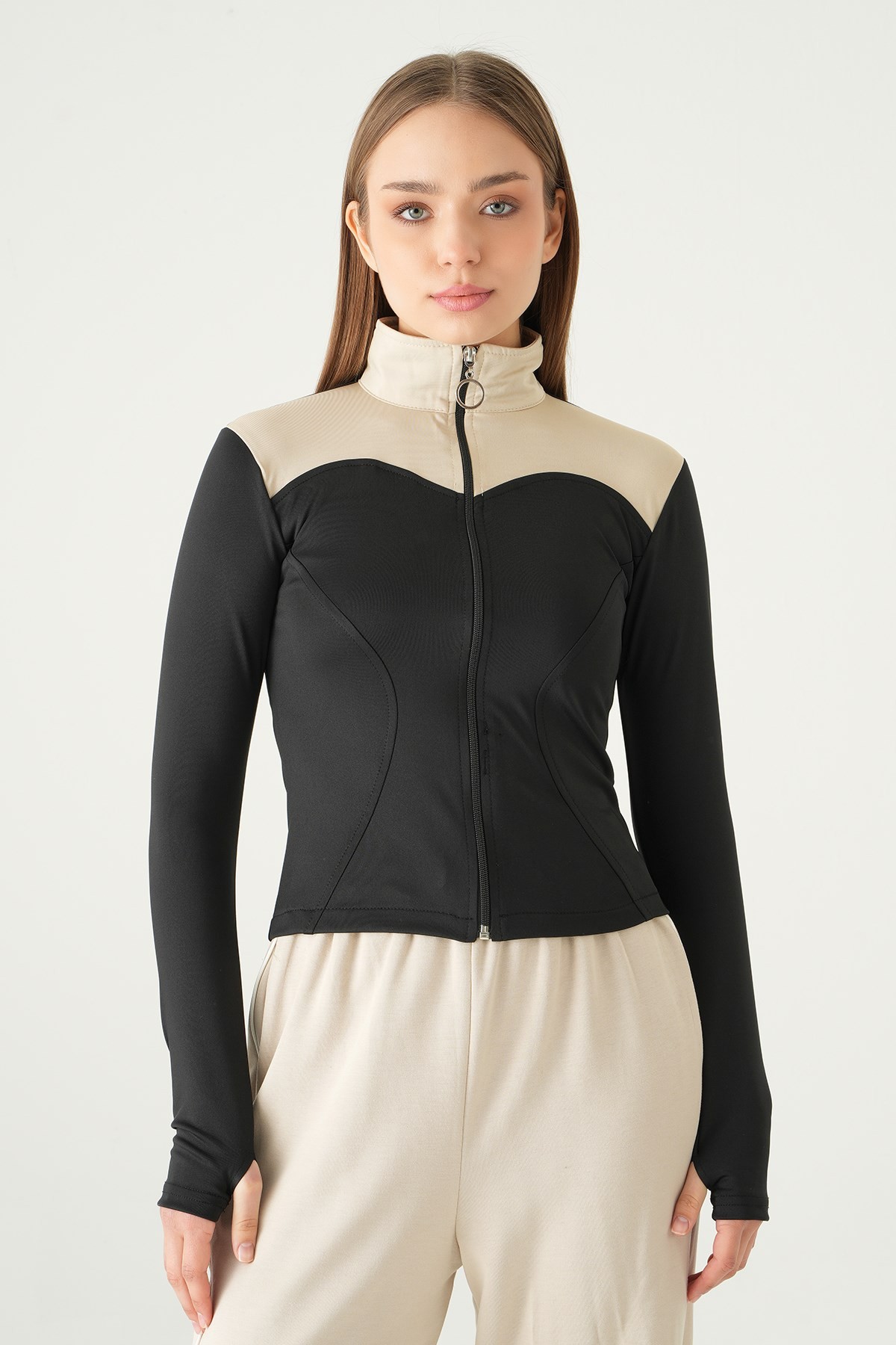 Kadın Sweatshirt-Ön Şeritli Fermuarlı Sweat 8325A Siyah -rulem