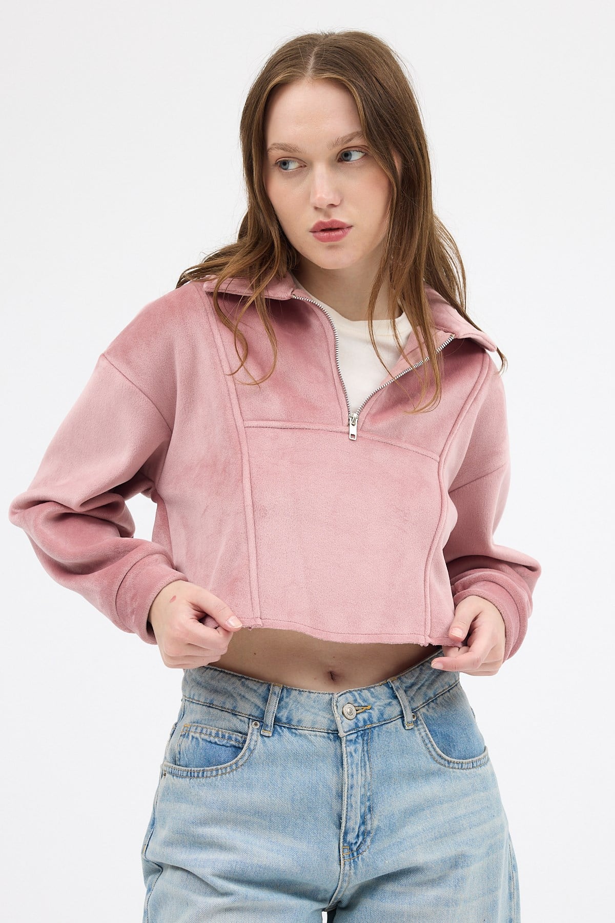 Kadın Sweatshirt-Pembe Kadın Peluş Yarım Fermuarlı Crop Sweatshirt 3056A-rulem