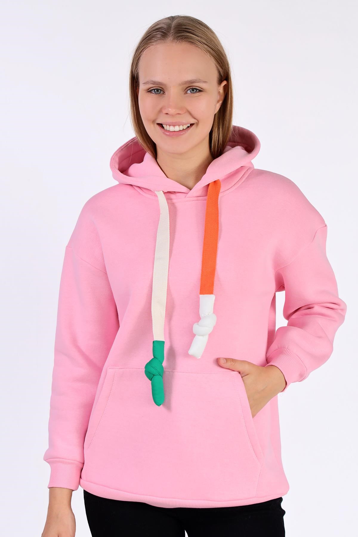 Kadın Sweatshirt-Renkli İpli Kapüşonlu Sweat 9173M Pembe -rulem