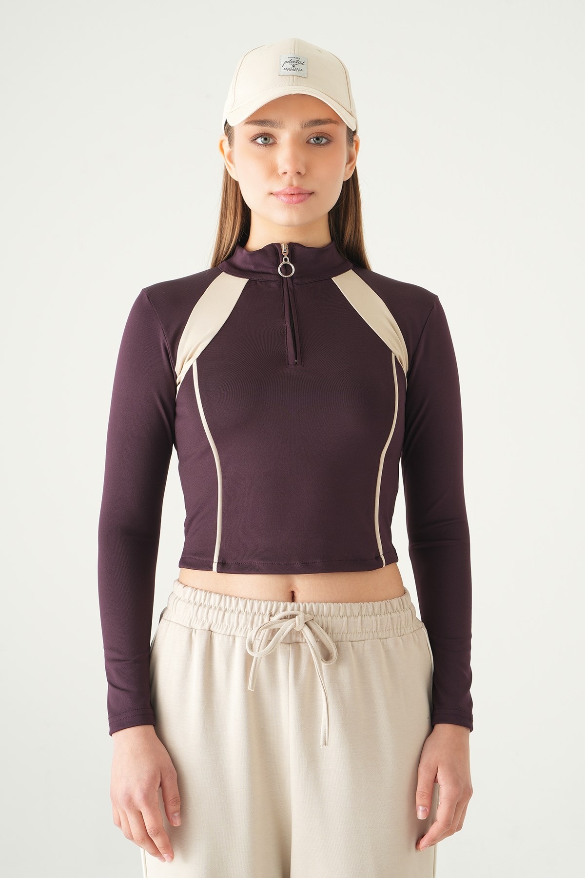 Kadın Sweatshirt-Şeritli Fermuarlı Sweat 8326A Mürdüm -rulem