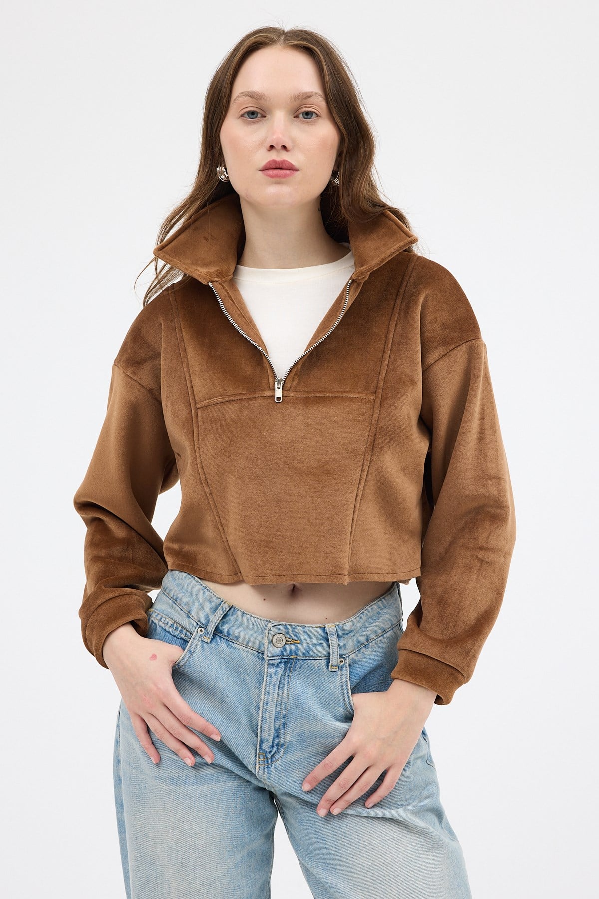 Kadın Sweatshirt-Taba Kadın Peluş Yarım Fermuarlı Crop Sweatshirt 3056A-rulem