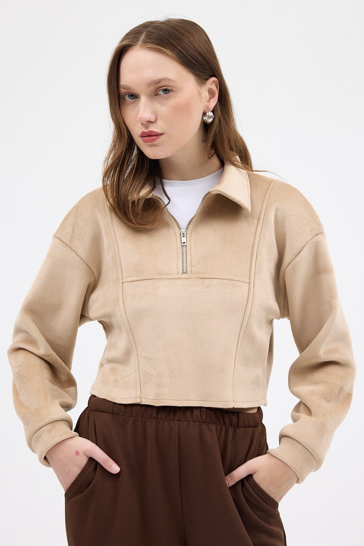 Kadın Sweatshirt-Vizon Kadın Peluş Yarım Fermuarlı Crop Sweatshirt 3056A-rulem