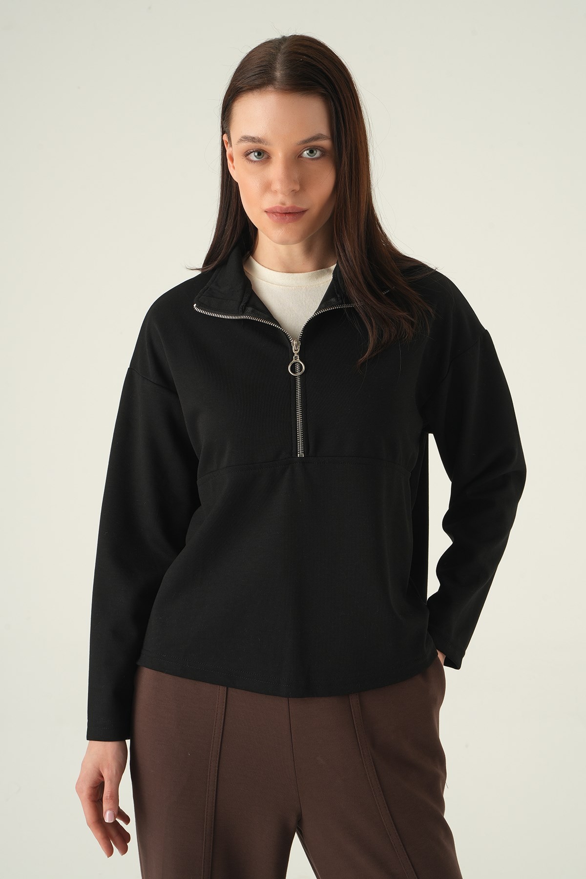 Kadın Sweatshirt-Yarım Fermuarlı Sweat 8249A Siyah -rulem