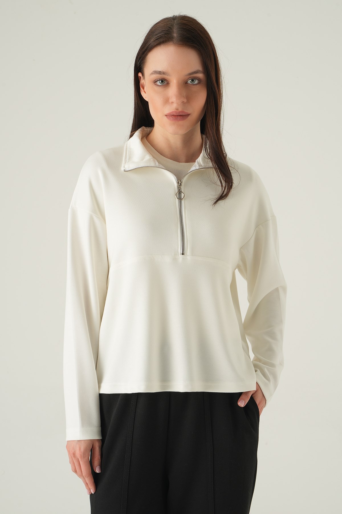Kadın Sweatshirt-Yarım Fermuarlı Sweat 8249A Ekru -rulem