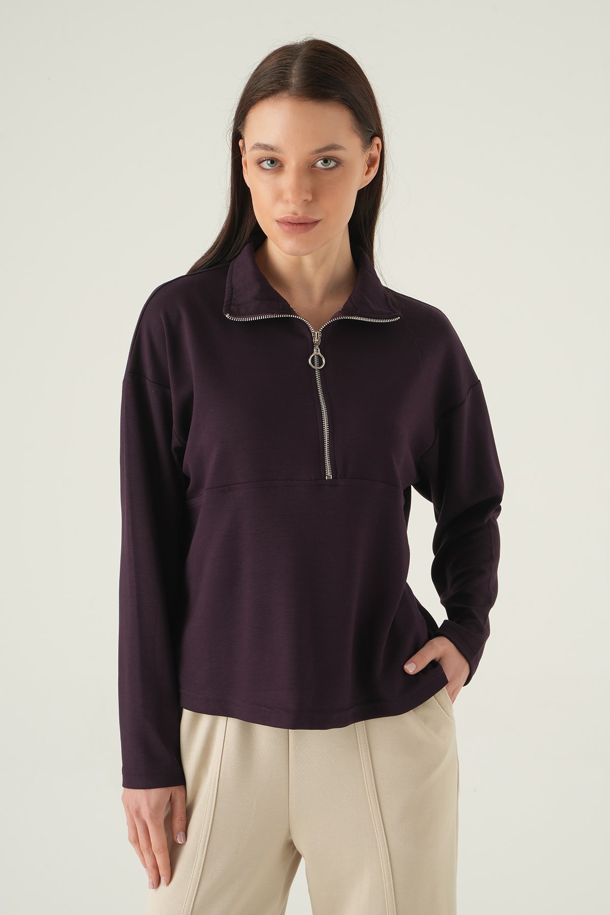 Kadın Sweatshirt-Yarım Fermuarlı Sweat 8249A Mürdüm -rulem