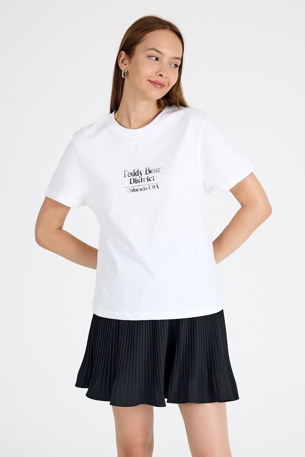 Kadın Tişört-Beyaz Yazı Baskılı Oversize Tişört 6462-rulem