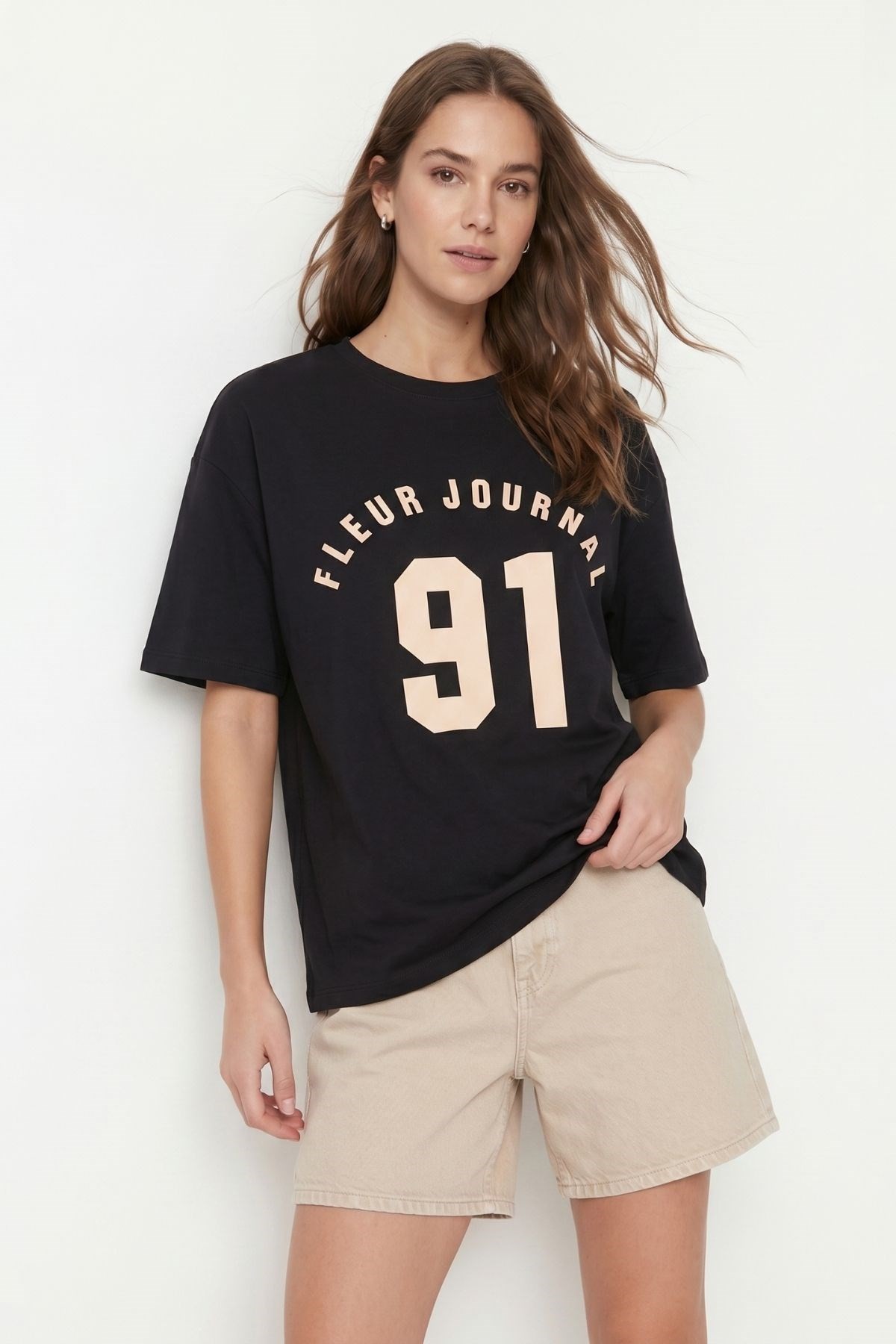 Kadın Tişört-Bisiklet Yaka Kısa Kol Baskılı Oversize Tişört 8458 Siyah -rulem