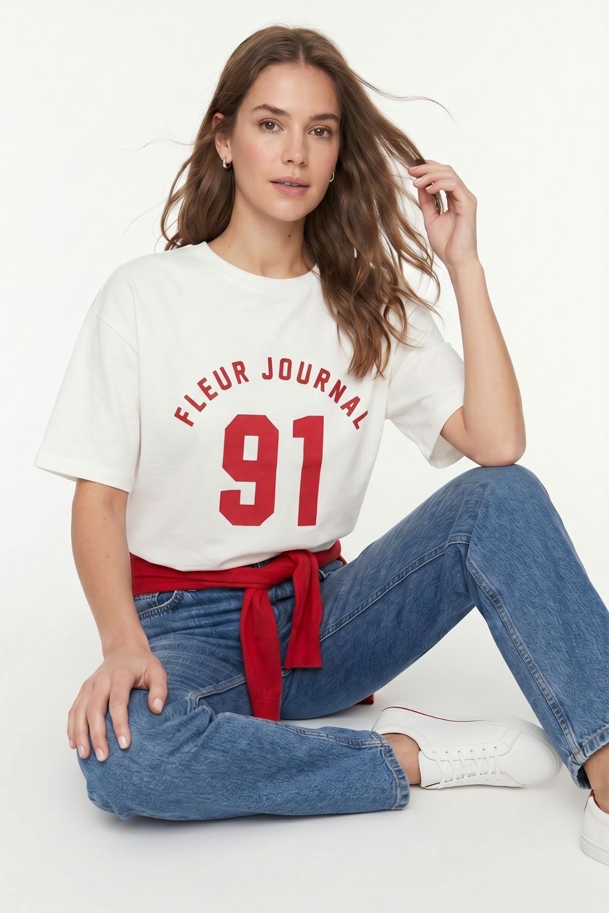 Kadın Tişört-Bisiklet Yaka Kısa Kol Baskılı Oversize Tişört 8458 Ekru -rulem