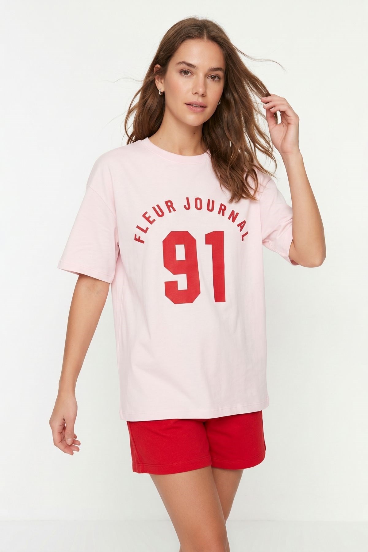 Kadın Tişört-Bisiklet Yaka Kısa Kol Baskılı Oversize Tişört 8458 Pembe -rulem