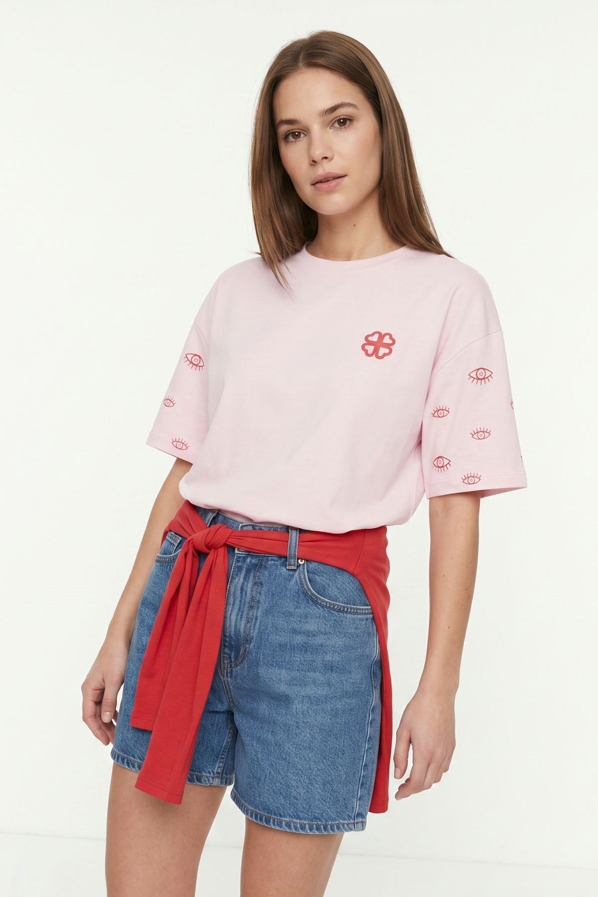 Kadın Tişört-Bisiklet Yaka Kısa Kol Yazı Baskılı Oversize Tişört 8480 Pembe -rulem