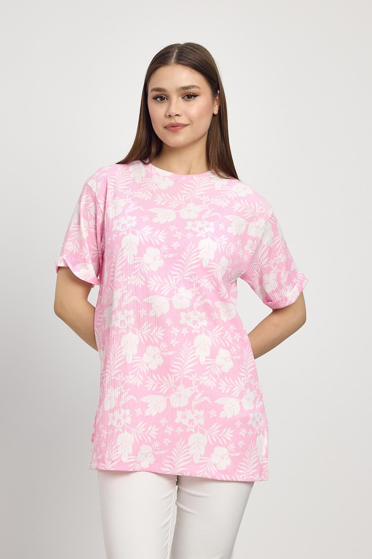 Kadın Tişört-Çiçek Desen Tişört 4357A Şeker Pembe -rulem