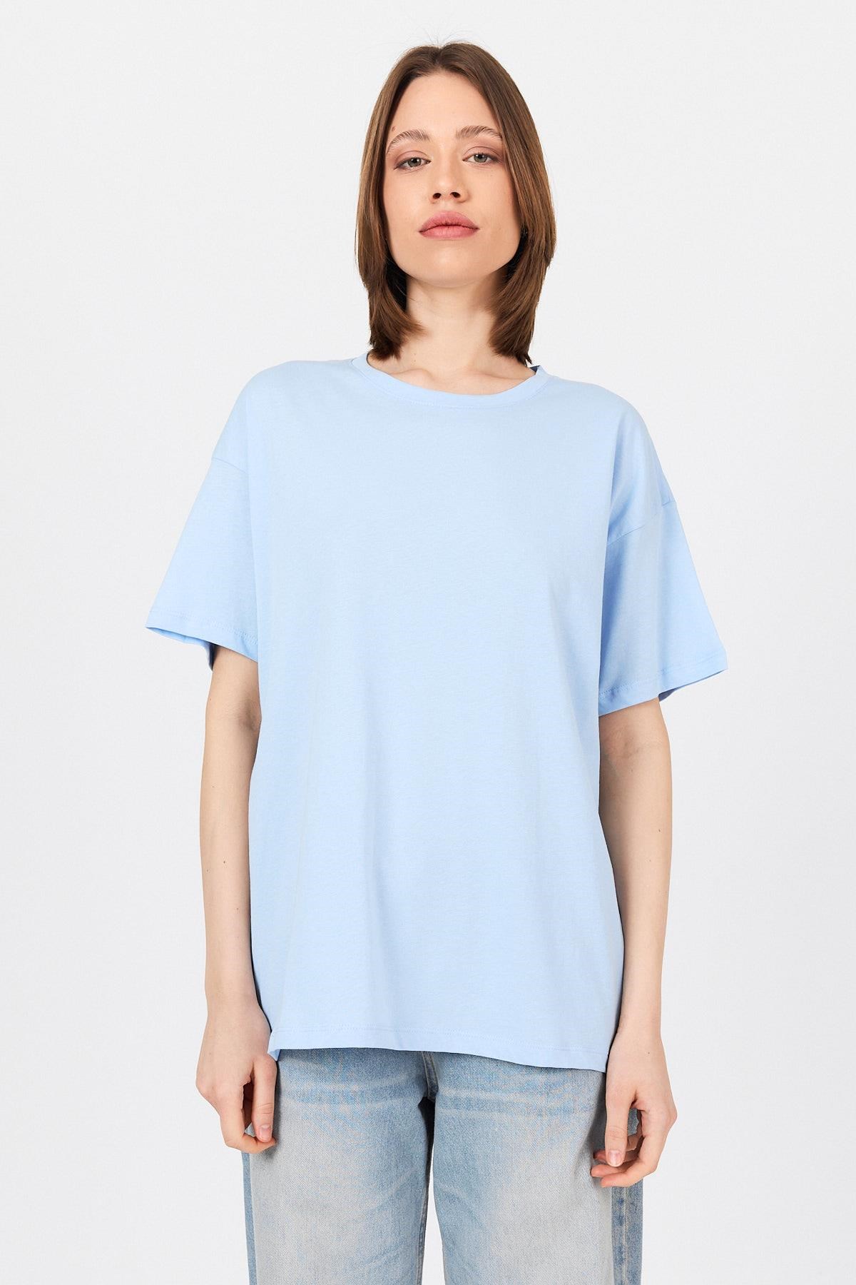 Kadın Tişört-Mavi Arka Yazı Baskılı Kalpli %100 Pamuk Oversize Tişört 2150-33M-rulem