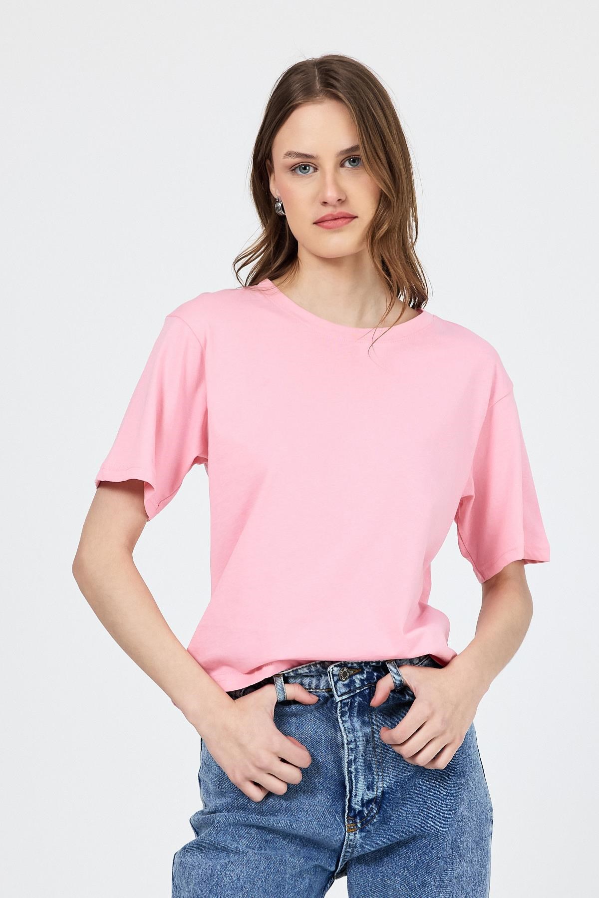 Kadın Tişört-Pembe Bisiklet Yaka %100 Pamuk Relaxed Fit Tişört 2142M-rulem