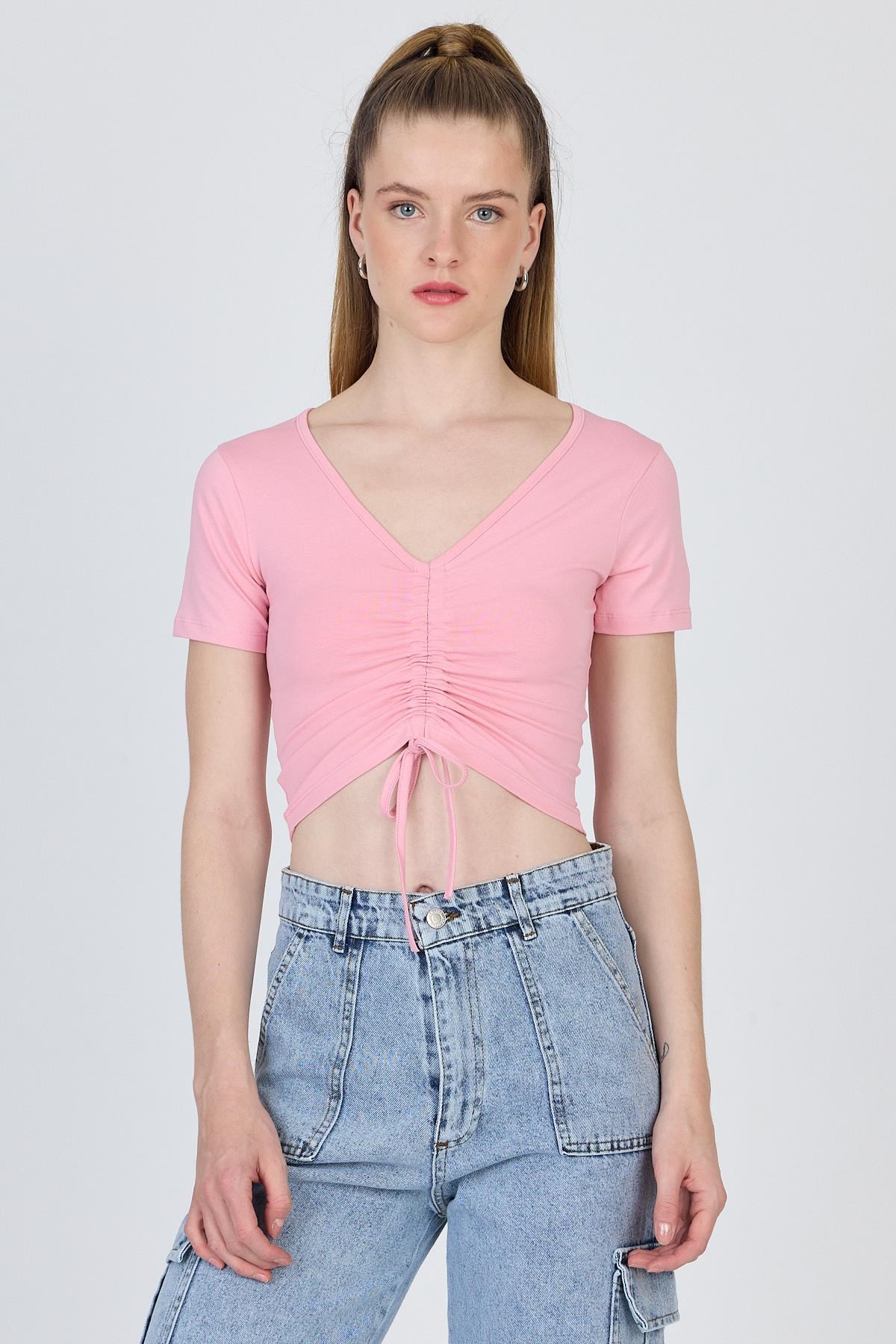 Kadın Tişört-Pembe V Yaka Büzgülü Crop Tişört 9201M-rulem