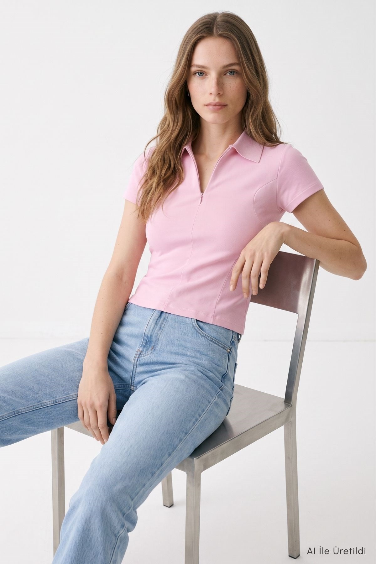 Kadın Tişört-Polo Yaka Kısa Kol Crop Tişört 26651 Pembe -rulem