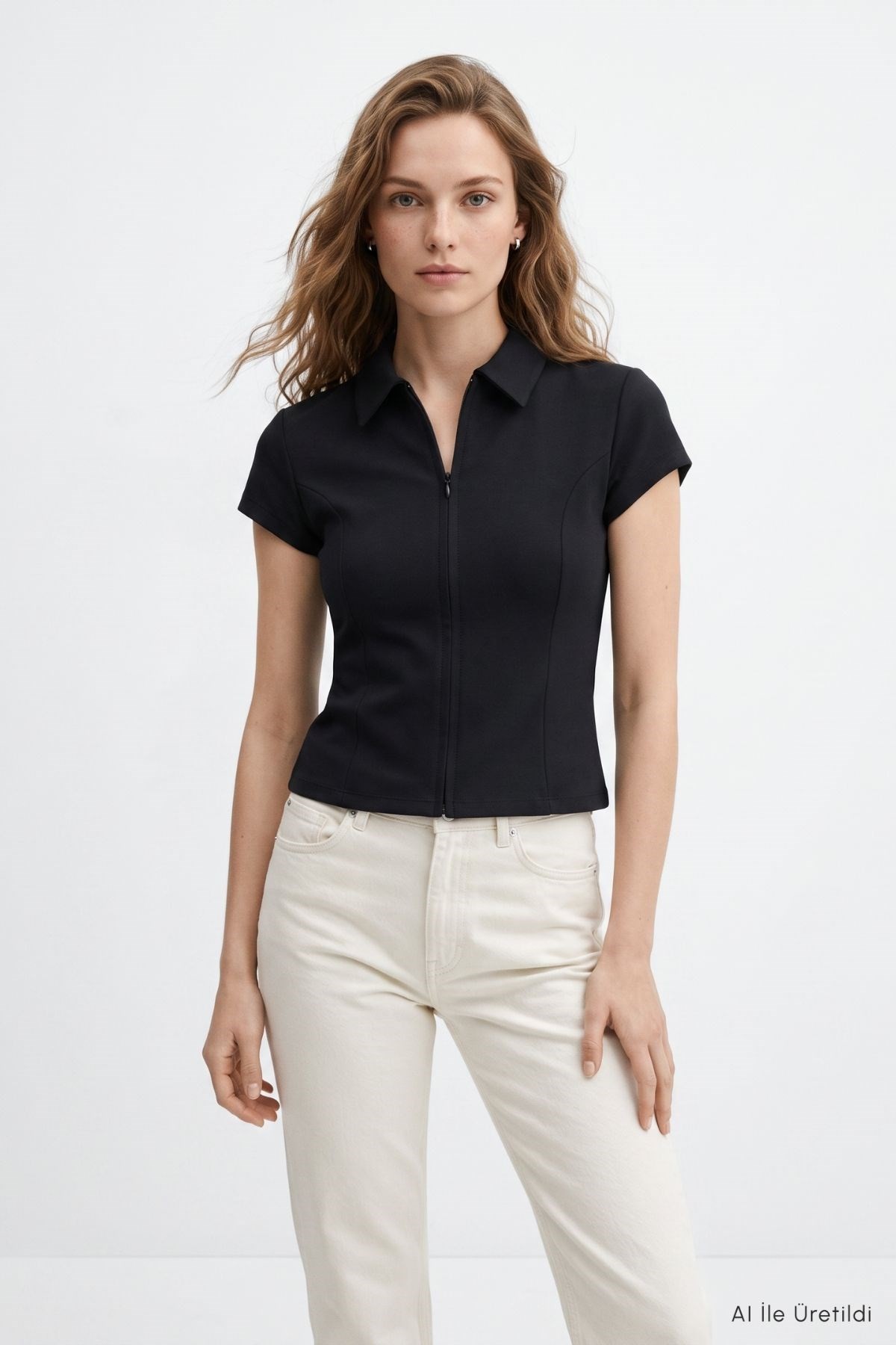 Kadın Tişört-Polo Yaka Kısa Kol Crop Tişört 26651 Siyah -rulem