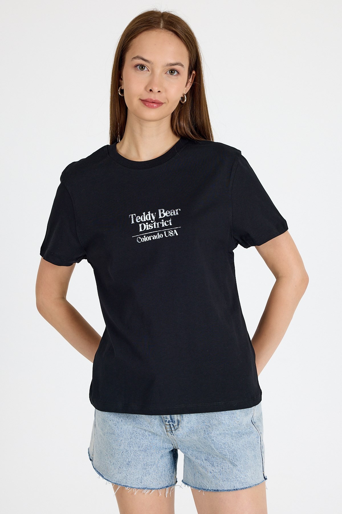 Kadın Tişört-Siyah Yazı Baskılı Oversize Tişört 6462-rulem