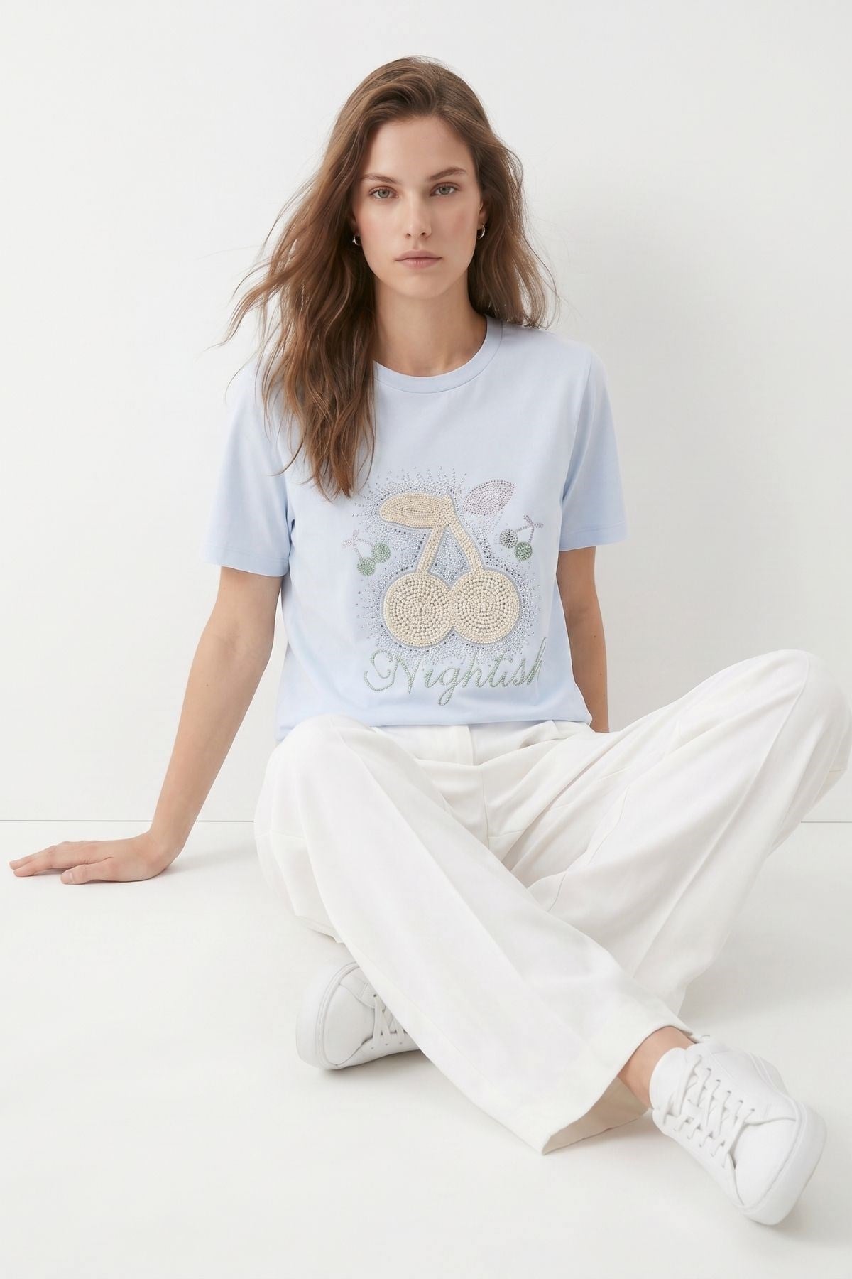 Kadın Tişört-Taşlı Kiraz Desenli Crop Tişört 26750 Mavi -rulem