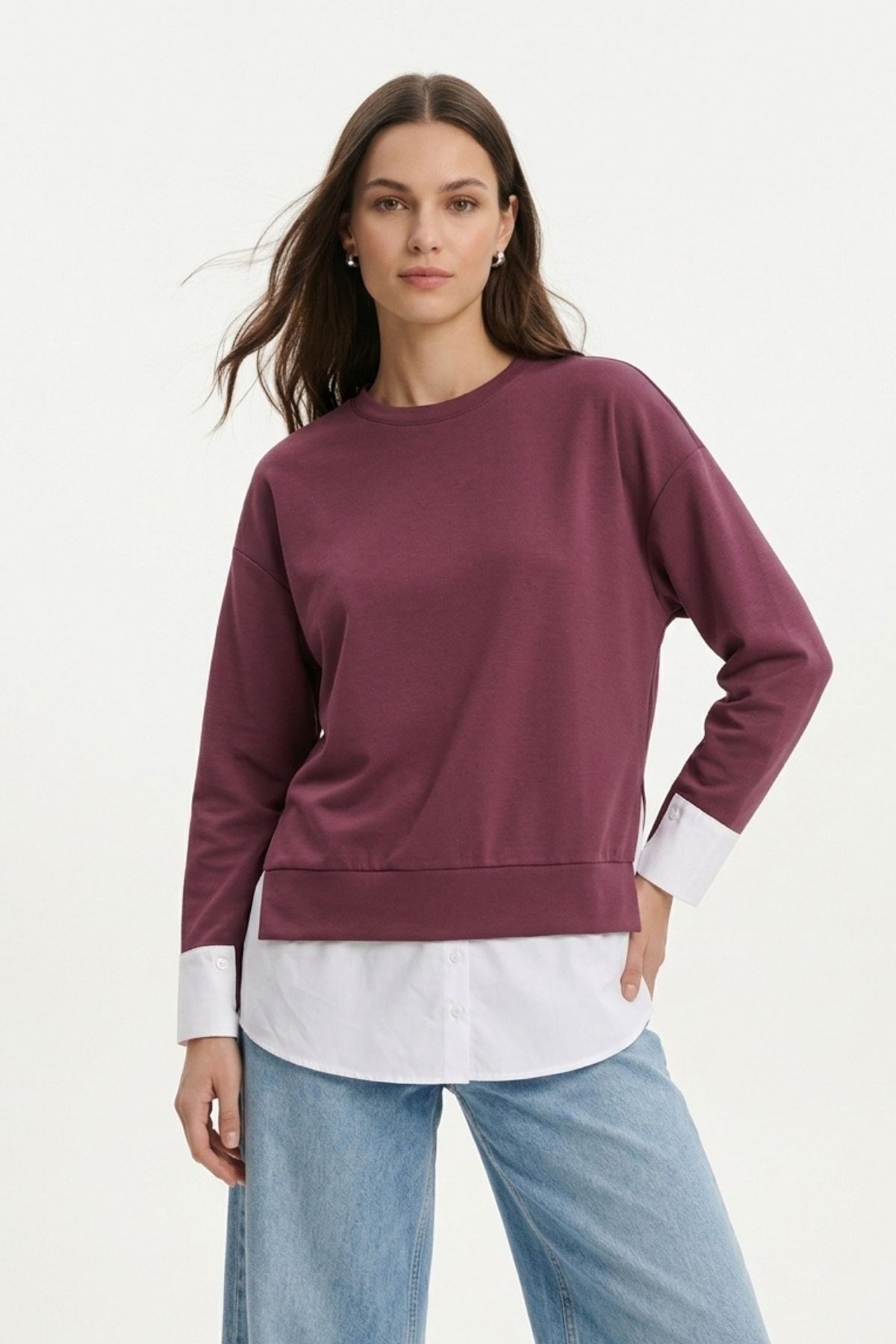 Kadın Tunik-Bisiklet Yaka Garnili Bluz 8375 Bordo -rulem