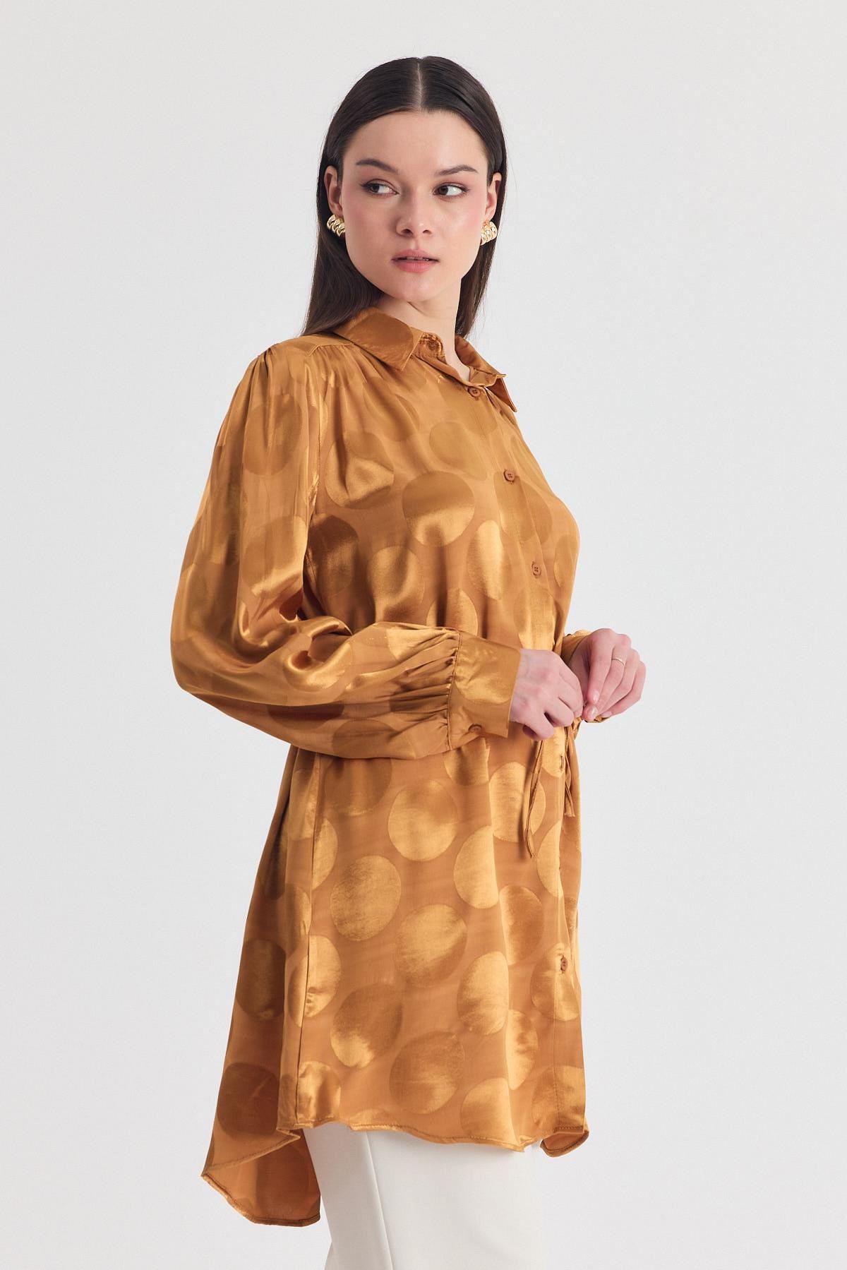 Kadın Tunik-Camel Puantiye Desen İp Bağcık Saten Gömlek 4690A-rulem